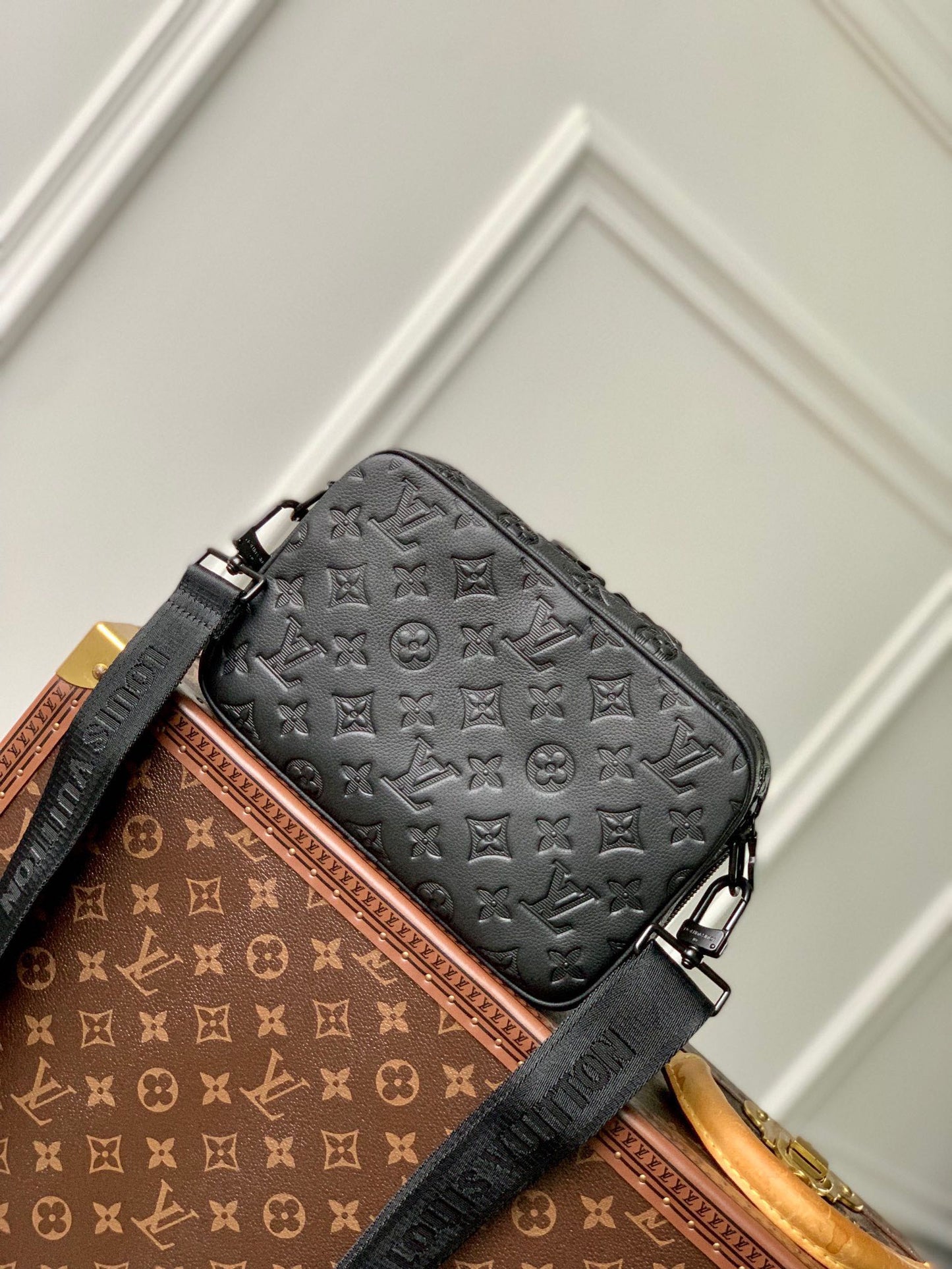 Louis Vuitton Black Embossed Monogram Crossbody Messenger Shoulder Bag