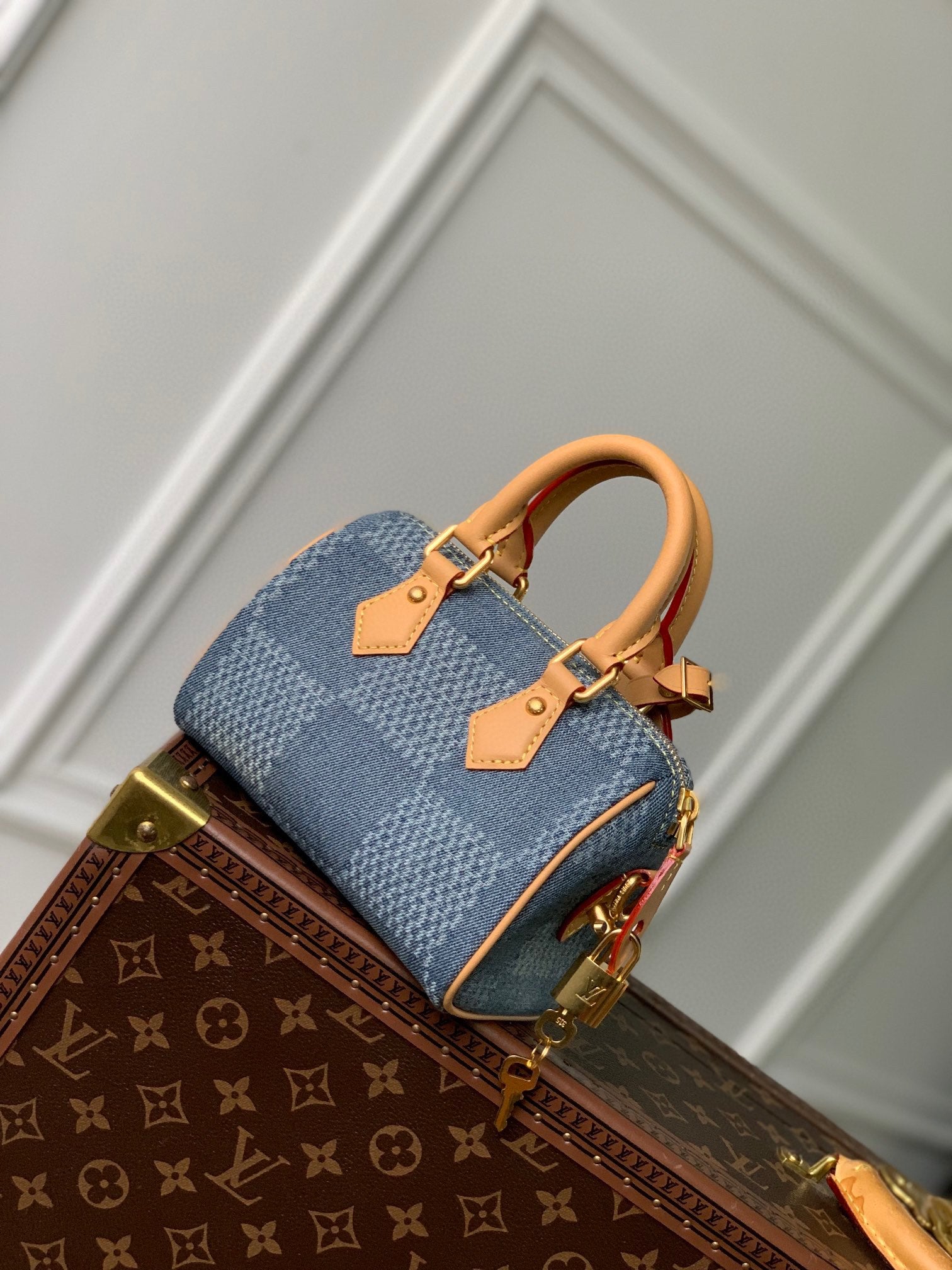 Louis Vuitton Blue Checkered Denim Mini Crossbody Bag with Leather Trim