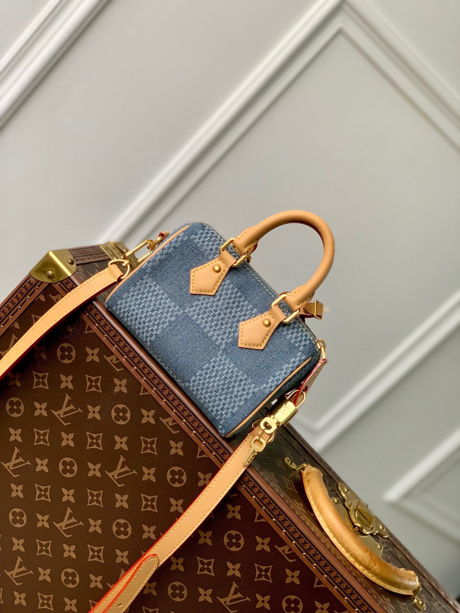 Louis Vuitton Blue Checkered Denim Mini Crossbody Bag with Leather Trim