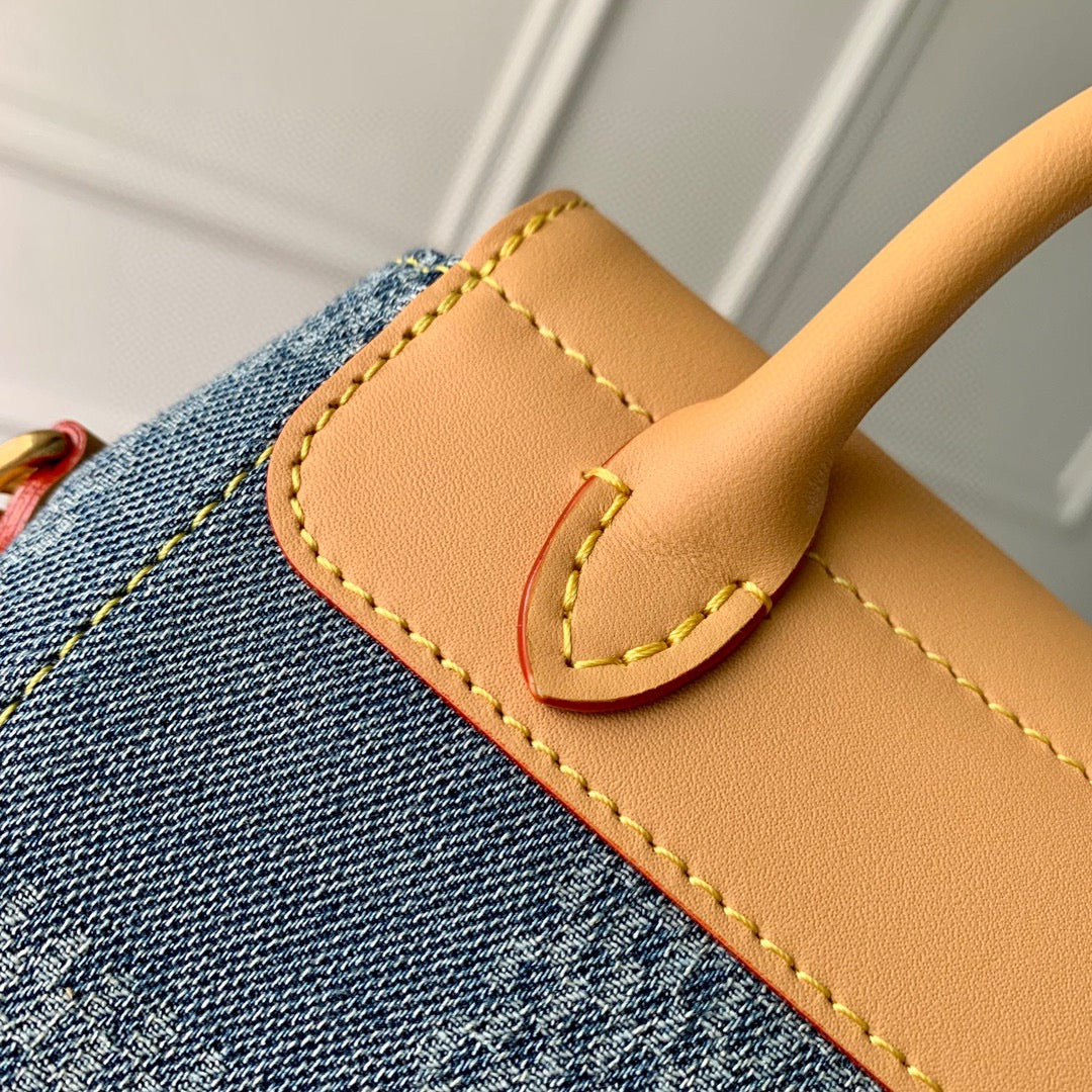 Louis Vuitton Mini Blue Denim Checkered Shoulder Bag with Tan Leather Trim