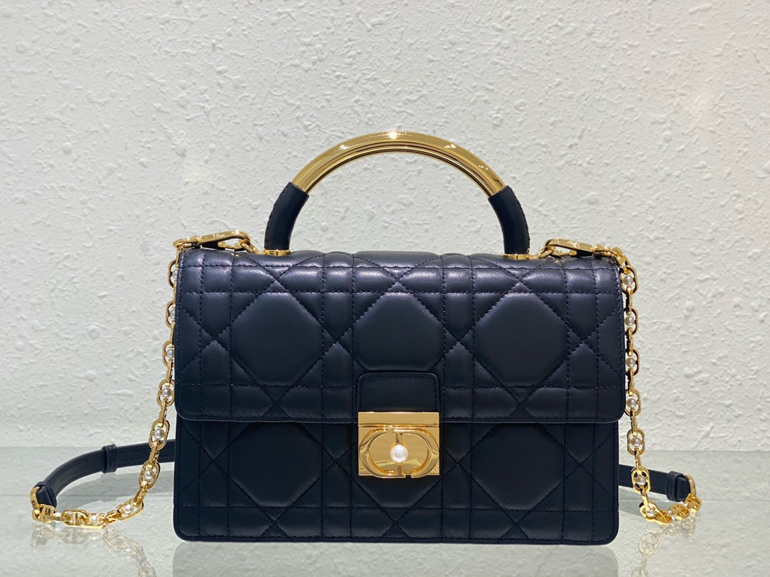 Luxury Quilted Leather Top Handle Bag - Navy Blue with Gold-Tone Chain