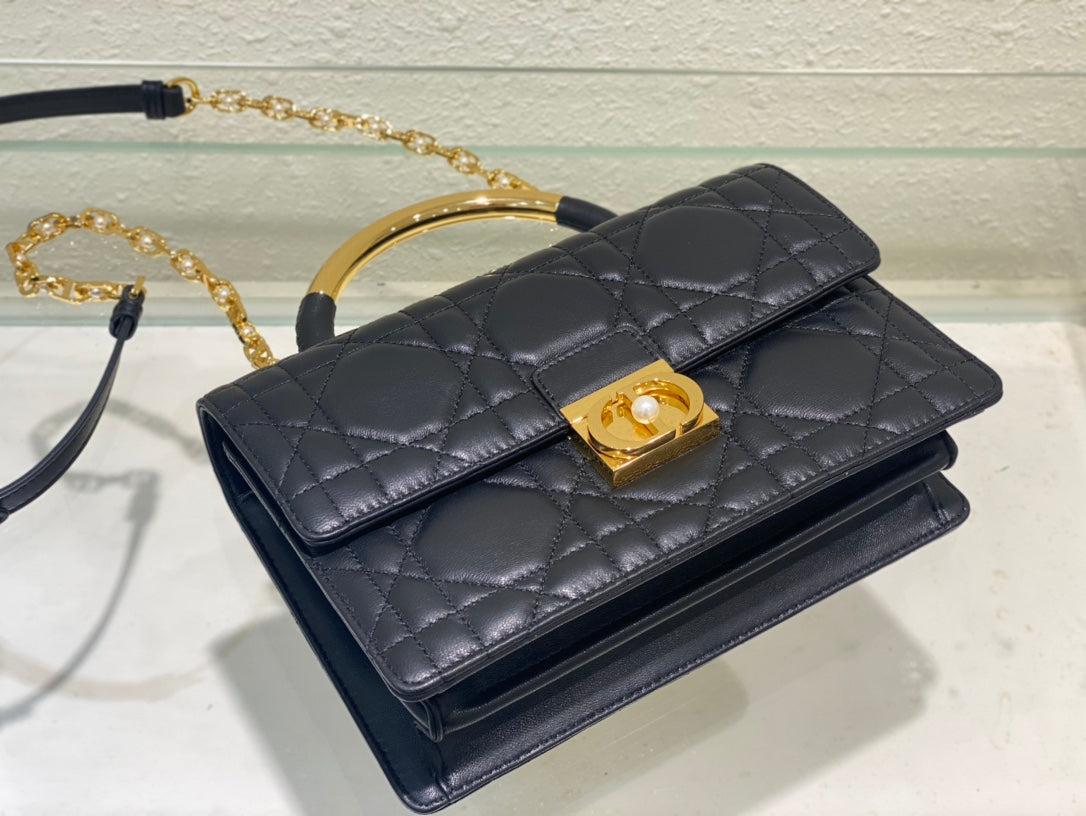 Dior Miss Dior Quilted Lambskin Top Handle Bag - Navy Blue