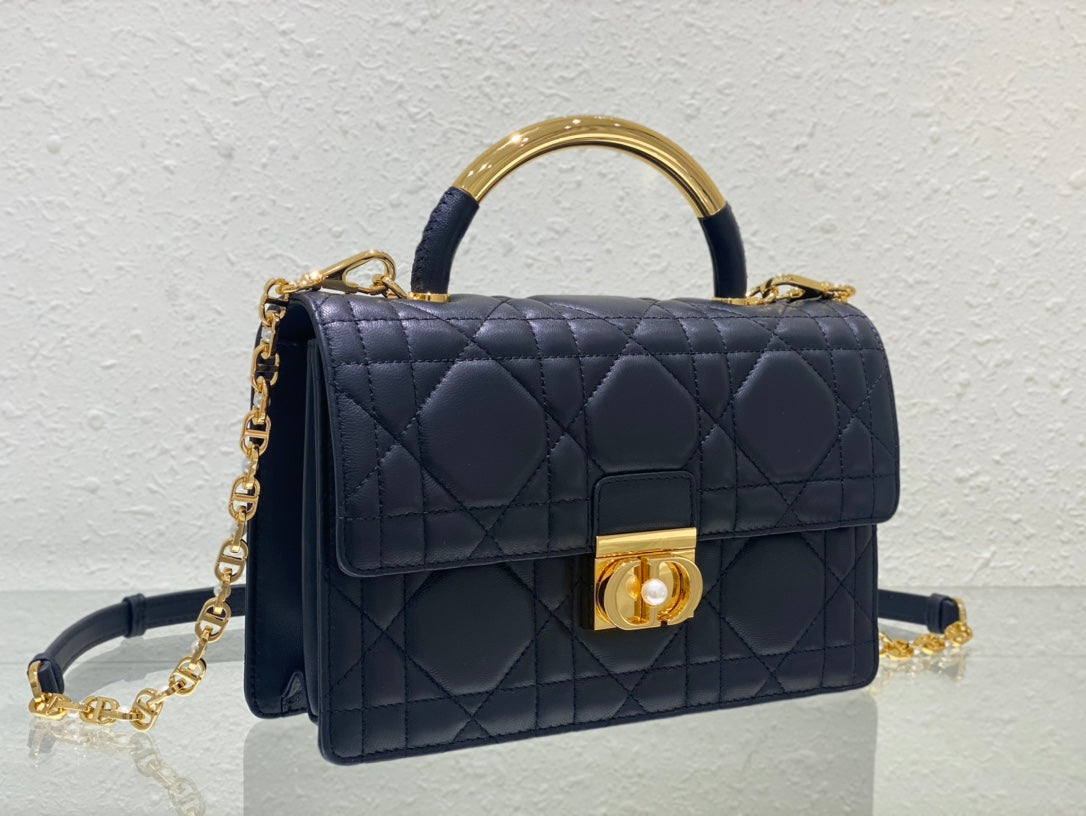 Dior Miss Dior Quilted Lambskin Top Handle Bag - Navy Blue