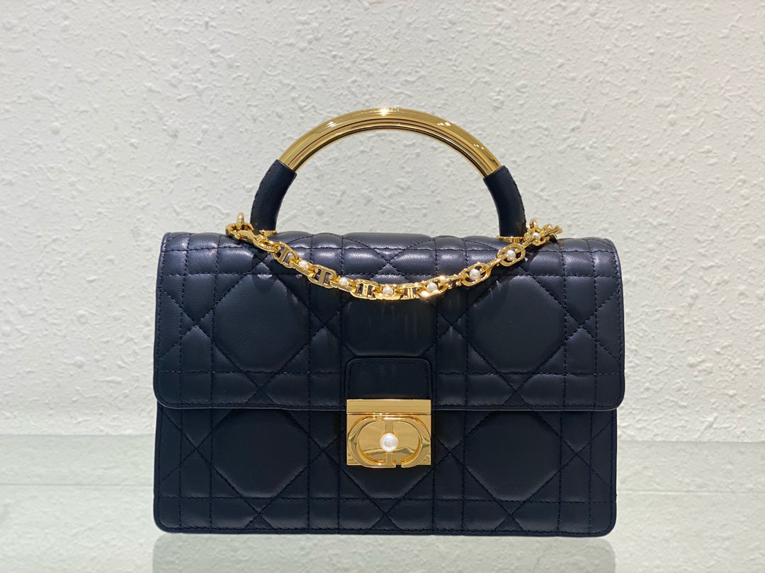 Dior Miss Dior Quilted Lambskin Top Handle Bag - Navy Blue