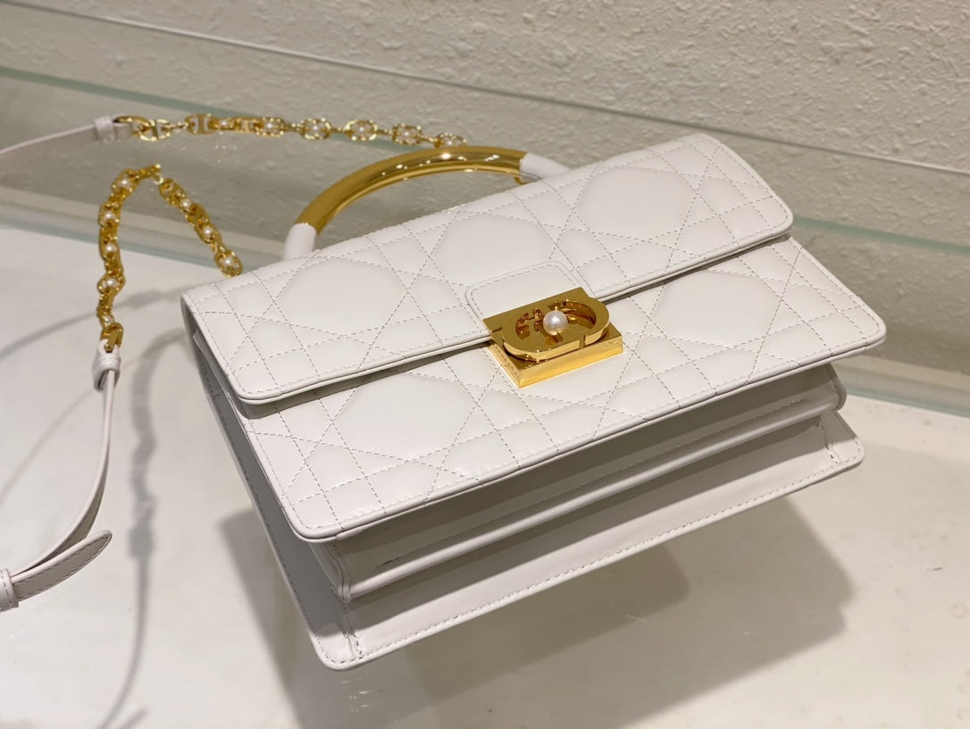 Christian Dior Miss Dior Mini Bag in White Quilted Cannage Leather with Gold Top Handle