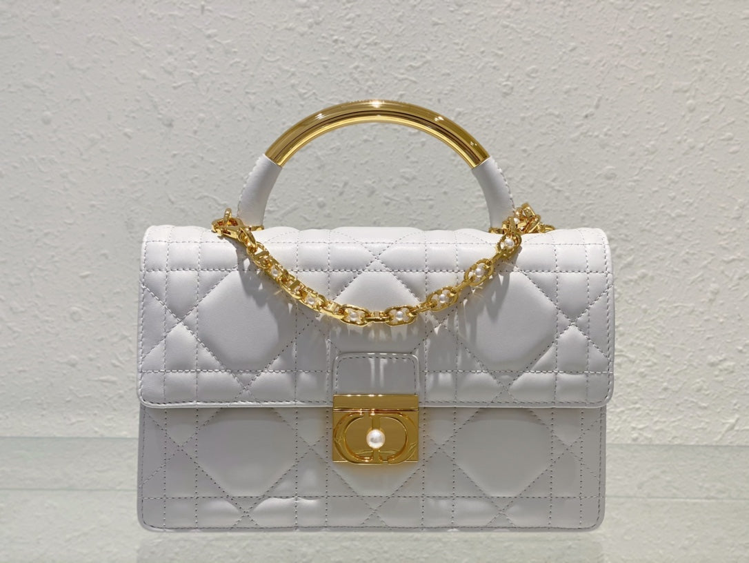 Christian Dior Miss Dior Mini Bag in White Quilted Cannage Leather with Gold Top Handle