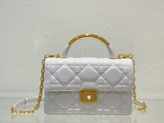 Dior Elegant White Quilted Leather Handbag with Gold Chain Strap
