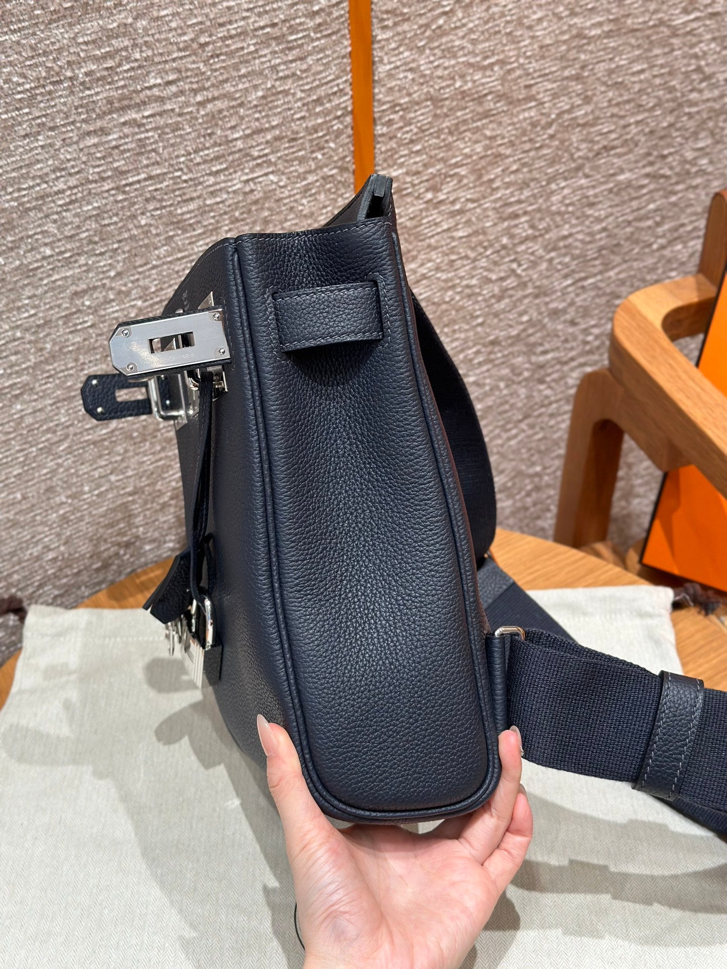 Luxury Black Grained Leather Kelly Style Backpack &amp; Crossbody Messenger Bag