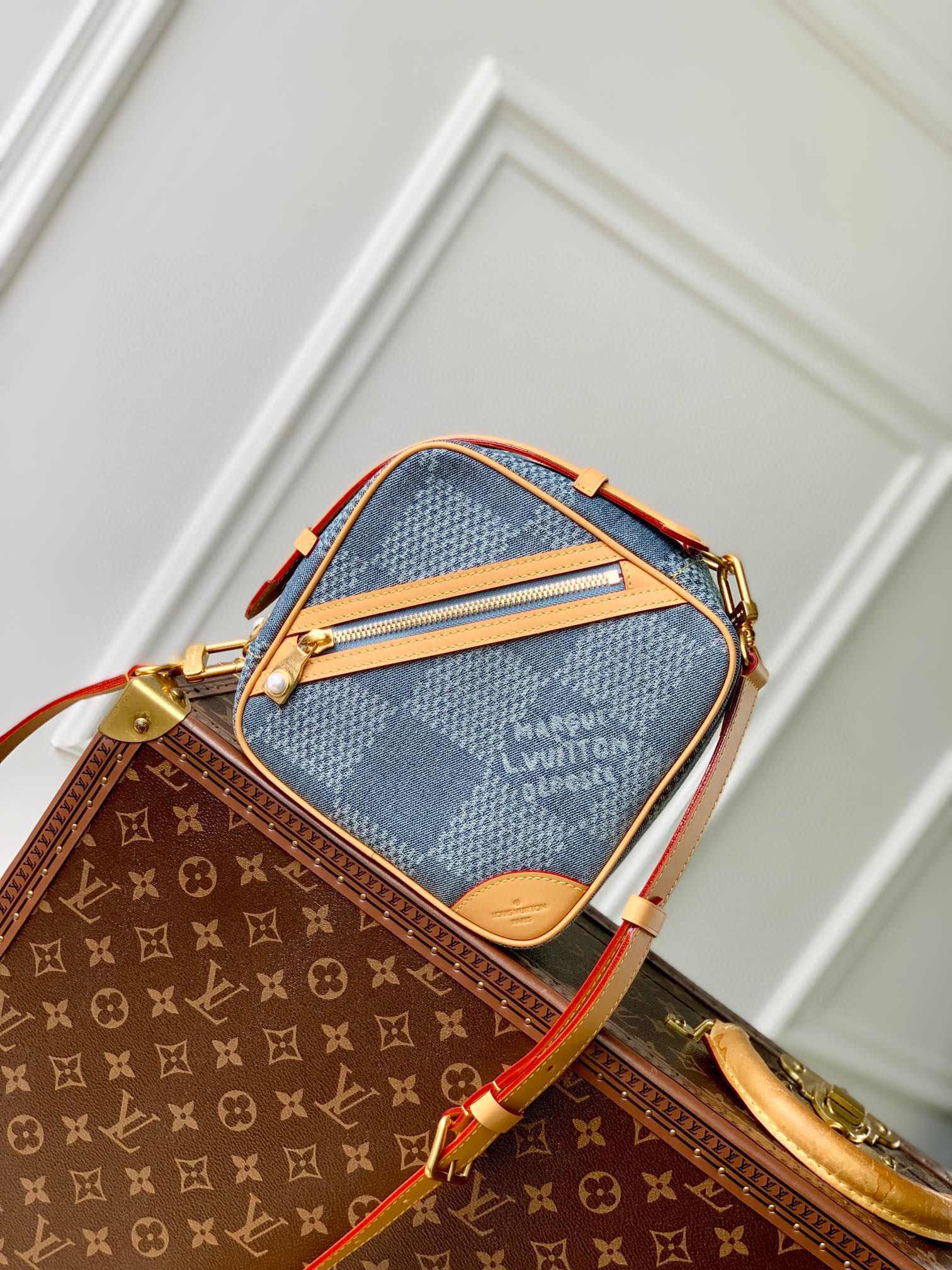 Louis Vuitton Blue Checkerboard Denim Square Crossbody Bag with Leather Trim