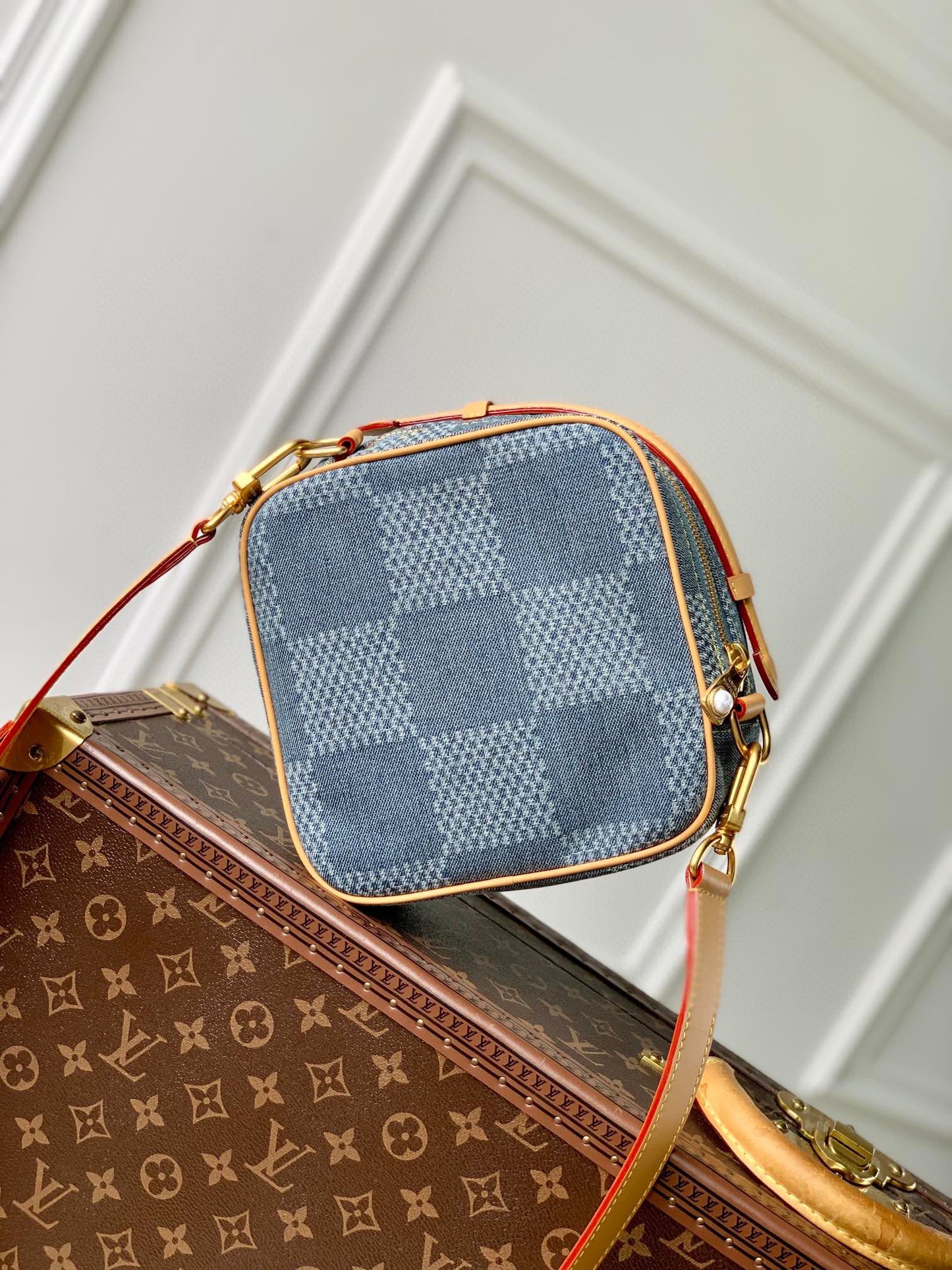 Louis Vuitton Blue Checkerboard Denim Square Crossbody Bag with Leather Trim