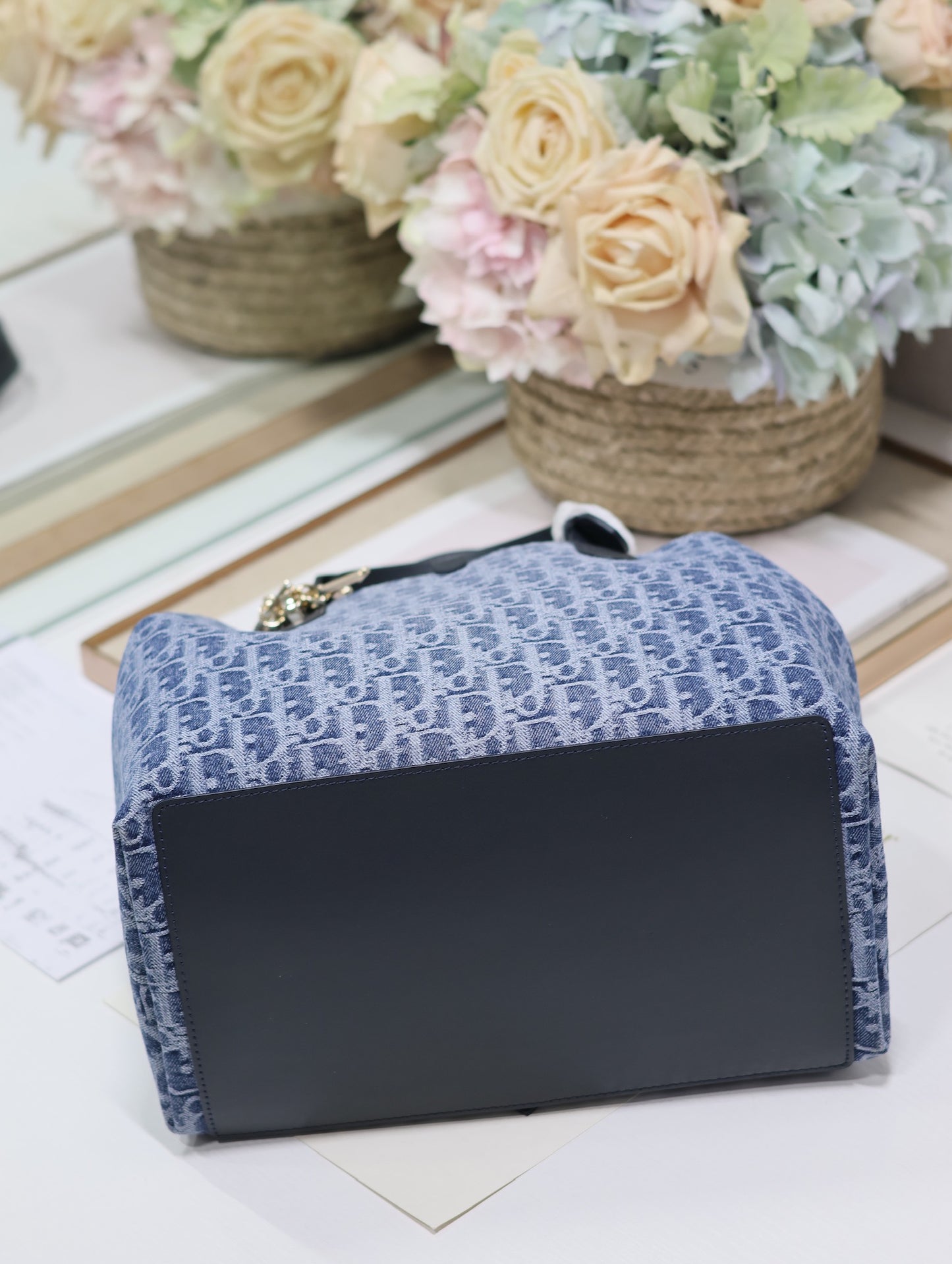 Dior Classic Blue Monogram Jacquard Tote Bag with Leather Handles
