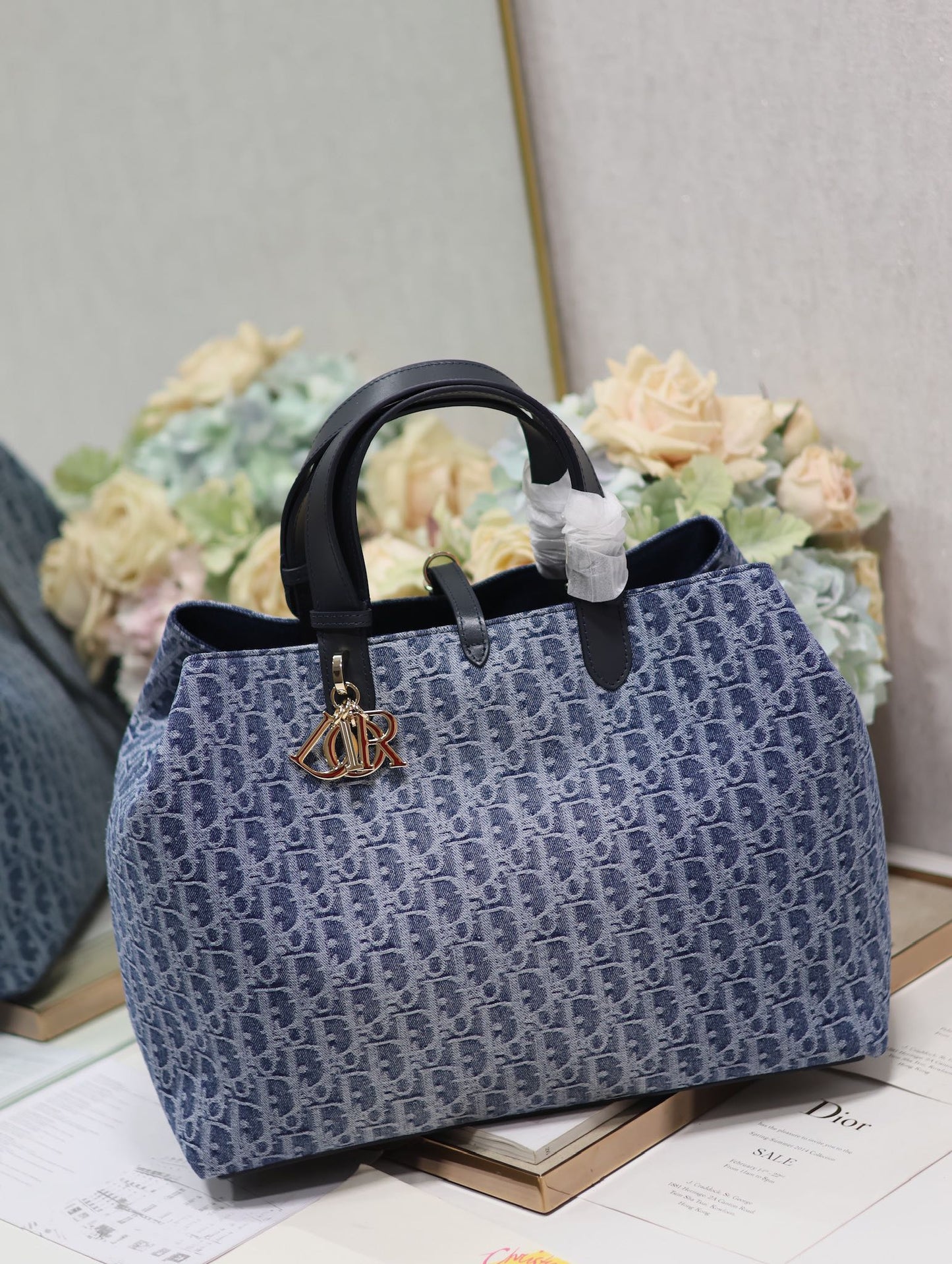 Dior Vintage Blue Monogram Jacquard Satchel Handbag with Top Handles