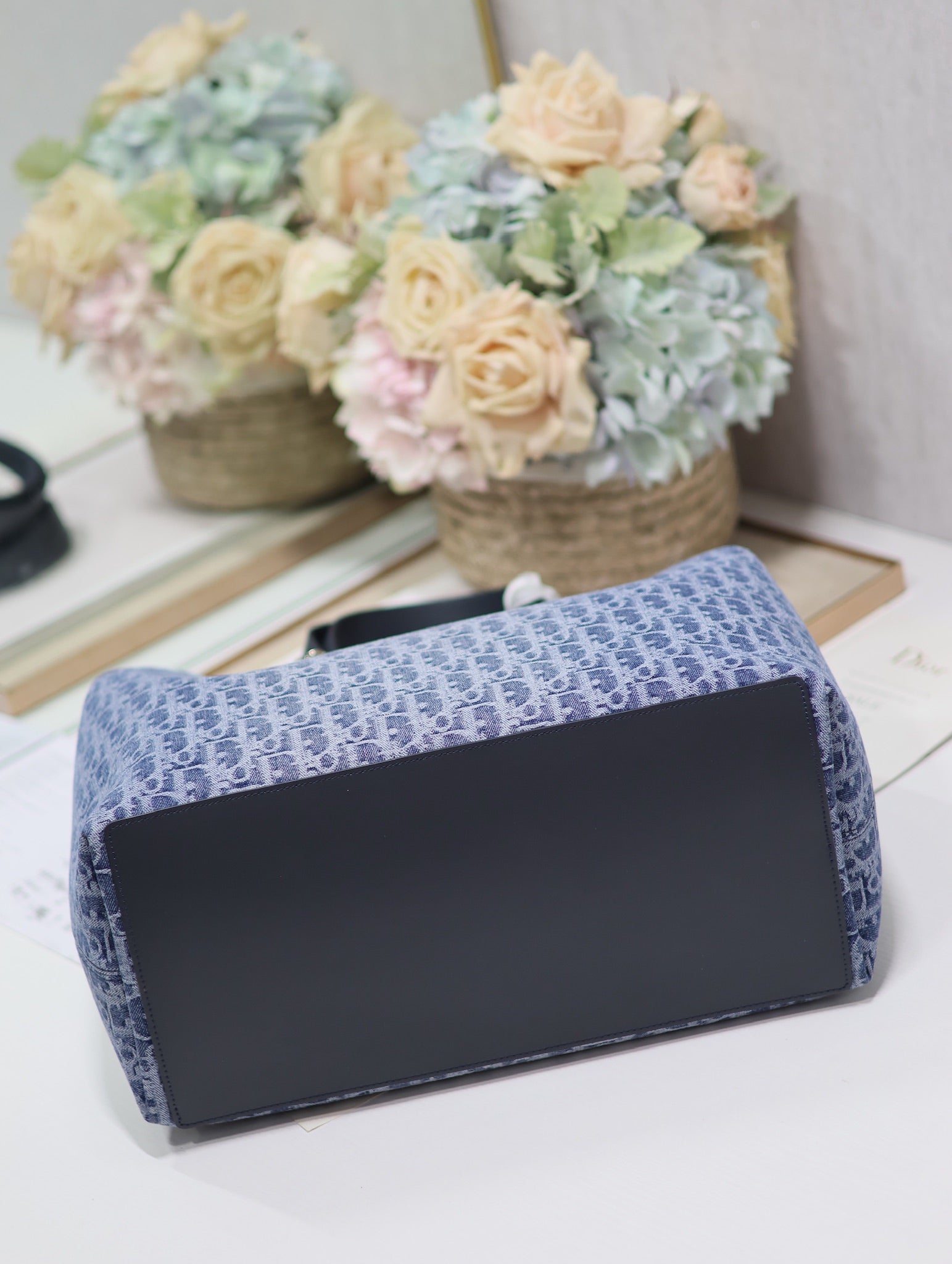 Dior Vintage Blue Monogram Jacquard Satchel Handbag with Top Handles