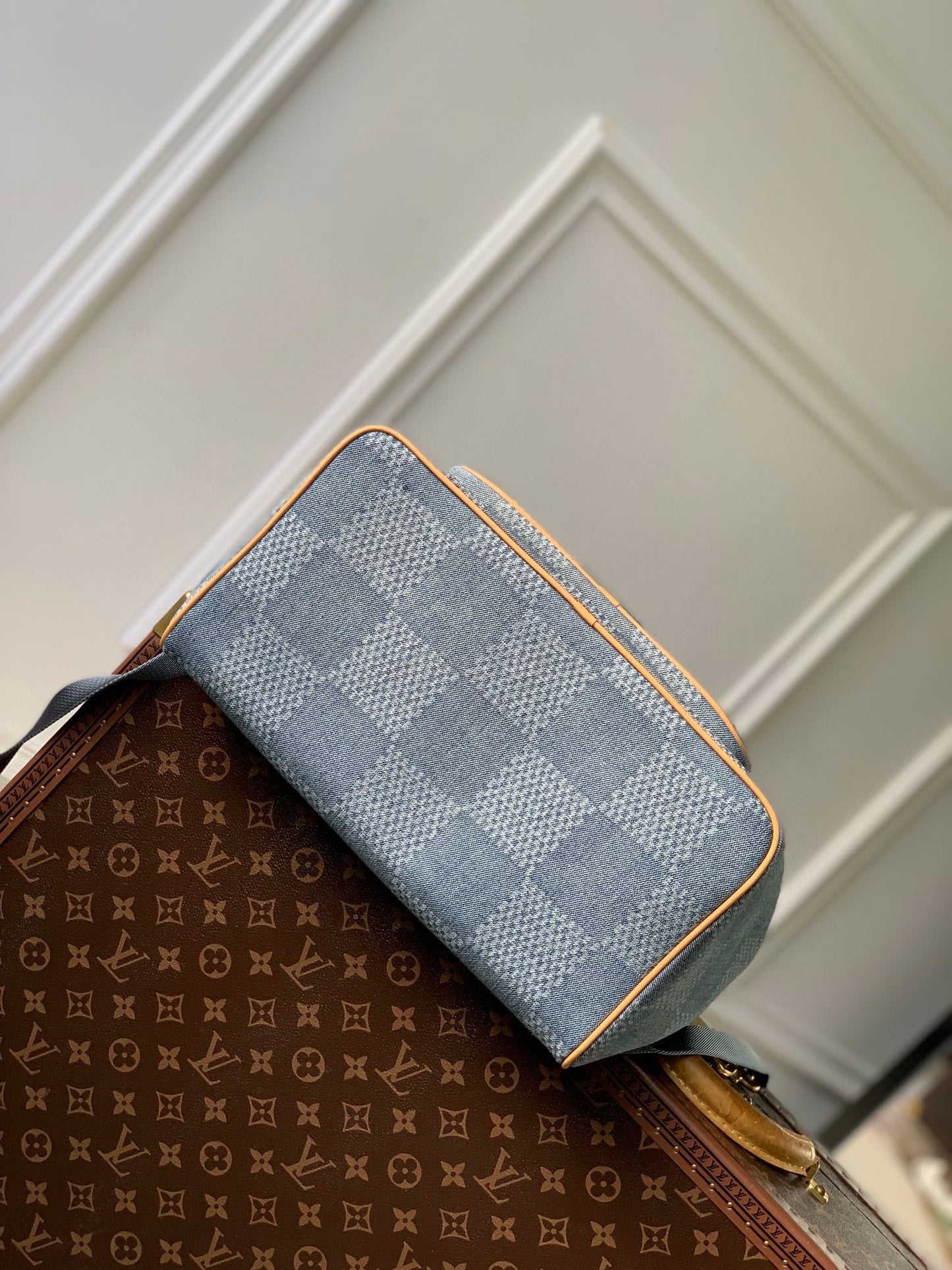 Louis Vuitton Vintage Blue Denim Checkered Backpack with Tan Leather Trim