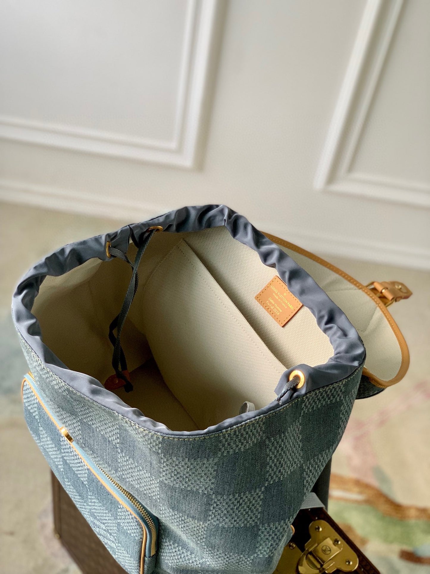 Louis Vuitton Vintage Blue Denim Checkered Backpack with Tan Leather Trim