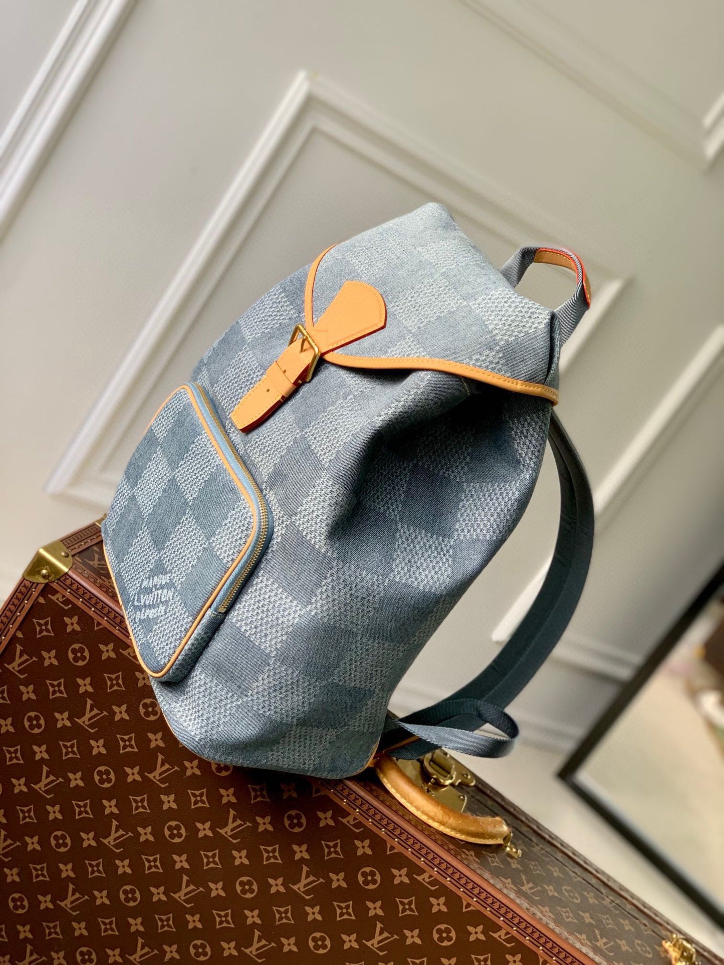 Louis Vuitton Vintage Blue Denim Checkered Backpack with Tan Leather Trim