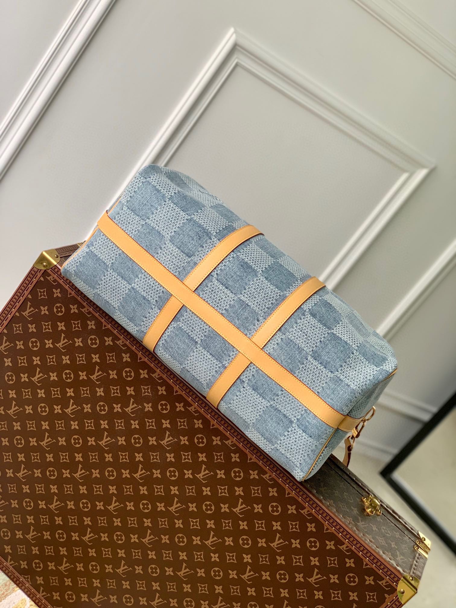 Louis Vuitton Blue Checkered Denim Travel Duffle Bag with Leather Trim