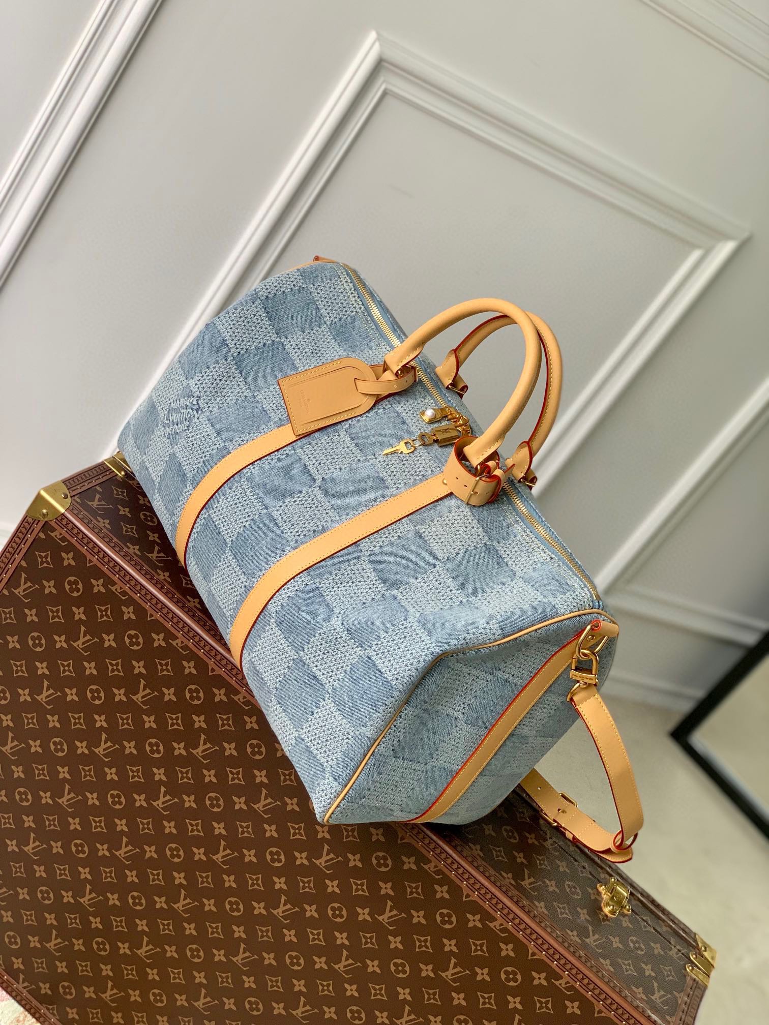 Louis Vuitton Blue Checkered Denim Travel Duffle Bag with Leather Trim
