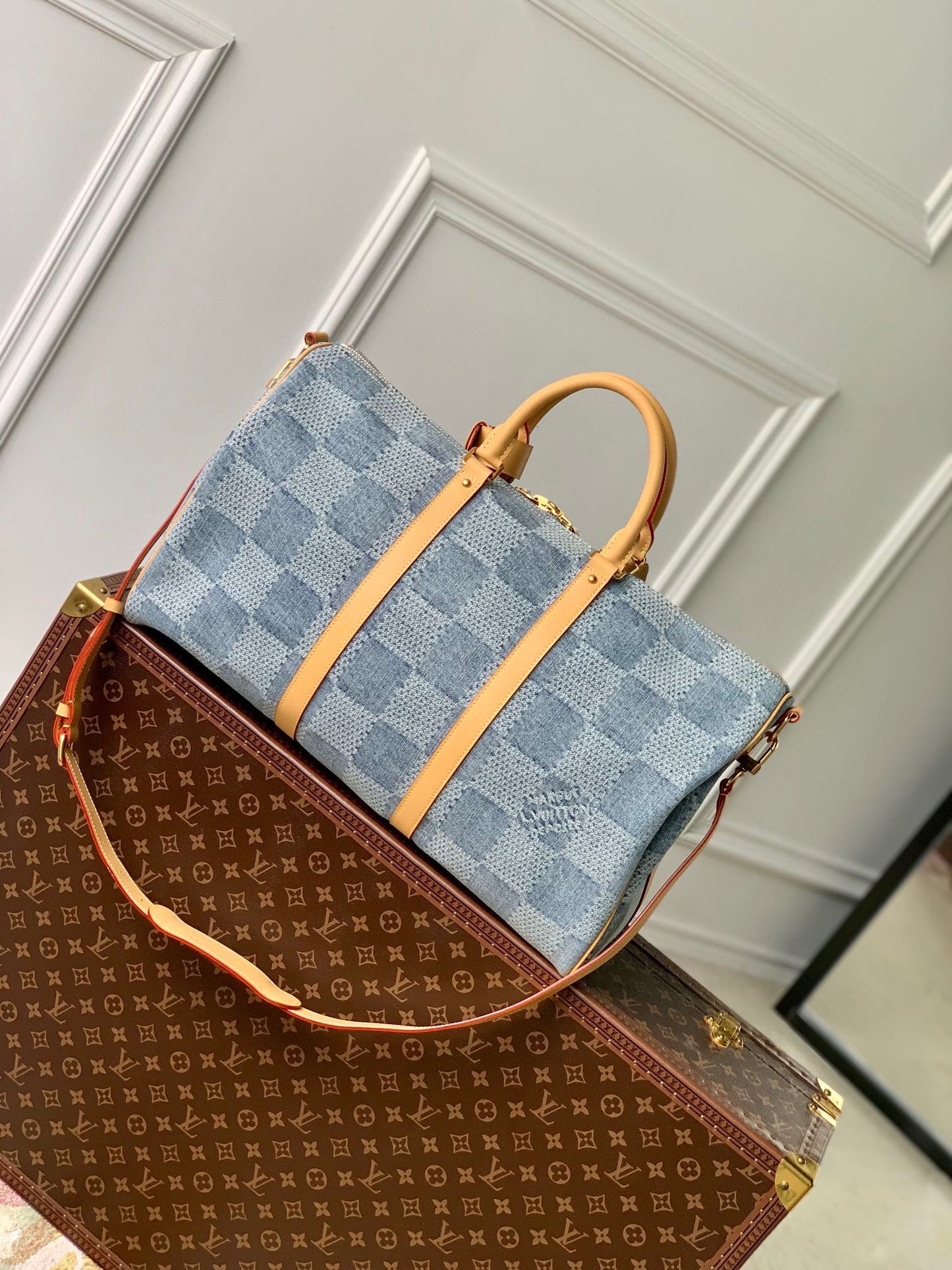 Louis Vuitton Blue Checkered Denim Travel Duffle Bag with Leather Trim