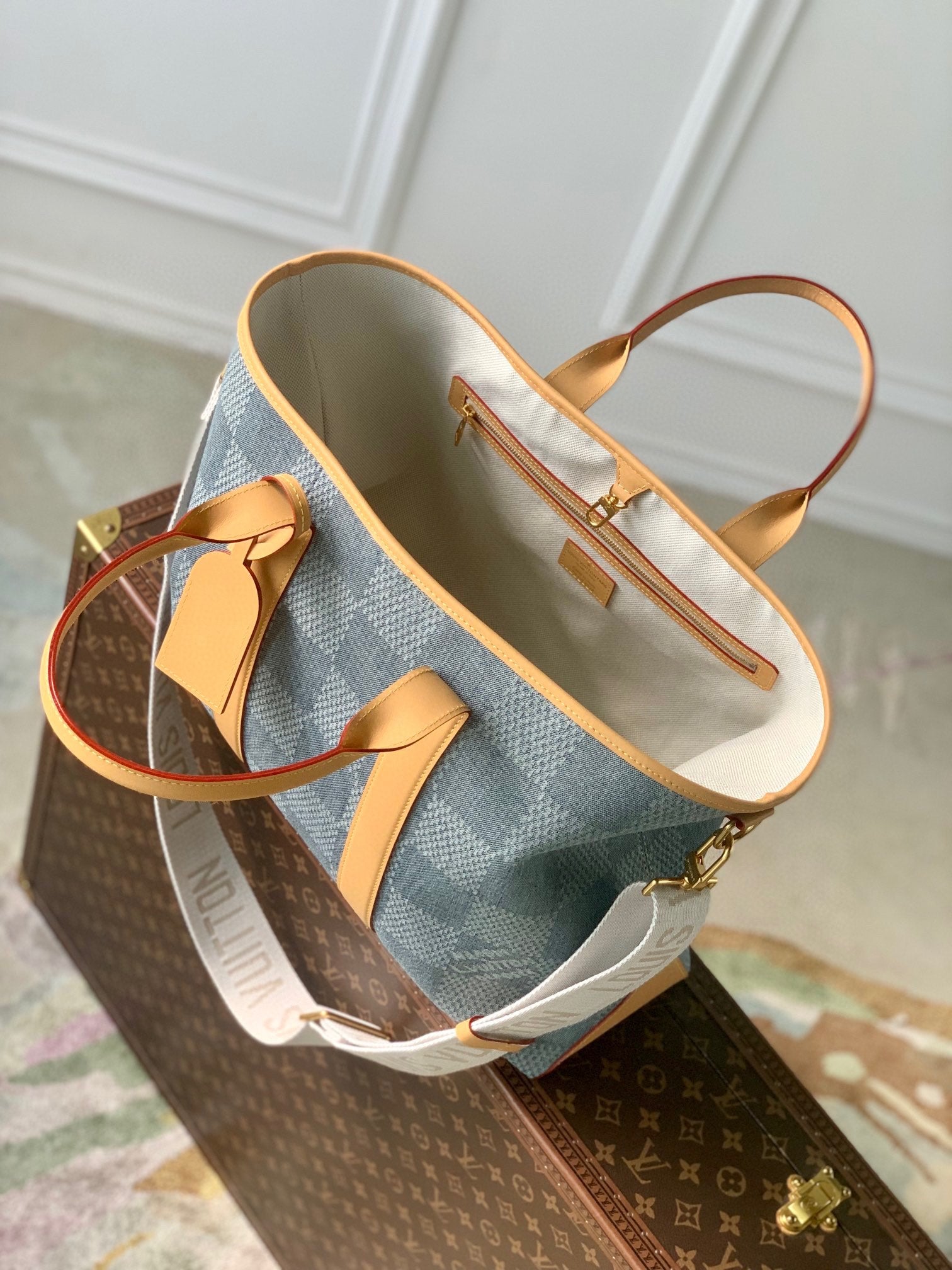 Louis Vuitton Casual Blue Checkered Denim Tote Bag with Tan Leather Trim