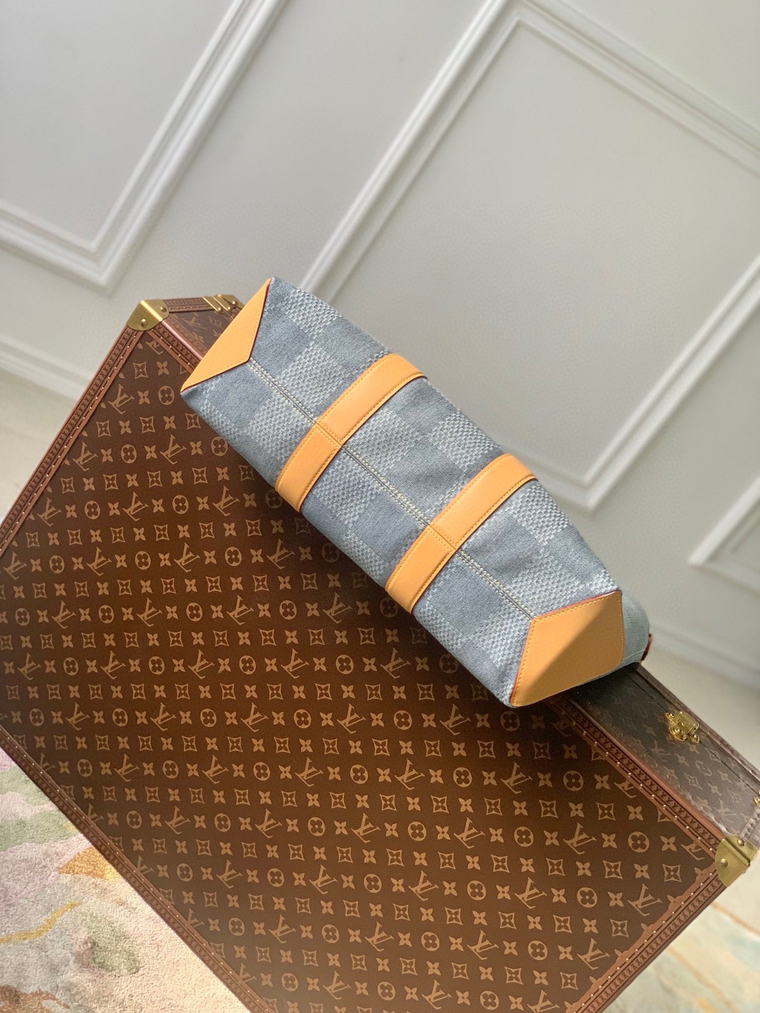 Louis Vuitton Casual Blue Checkered Denim Tote Bag with Tan Leather Trim