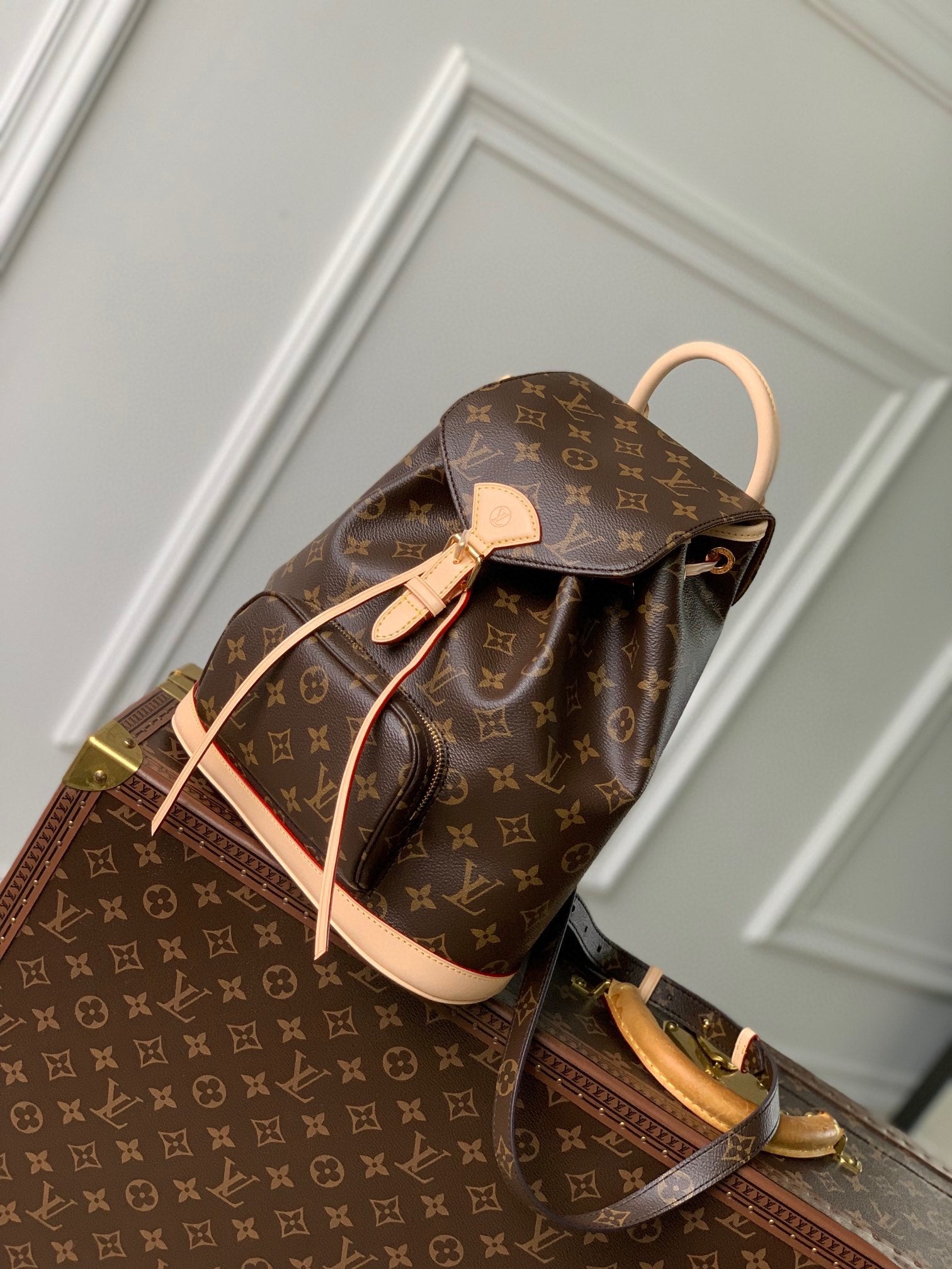 Louis Vuitton Classic Brown Monogram Print Backpack with Tan Leather Trim and Drawstring