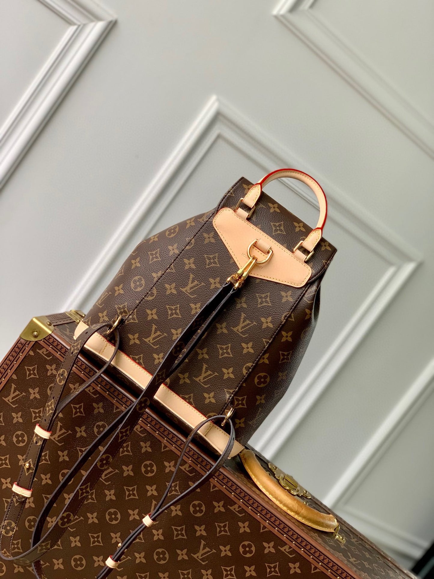 Louis Vuitton Classic Brown Monogram Print Backpack with Tan Leather Trim and Drawstring