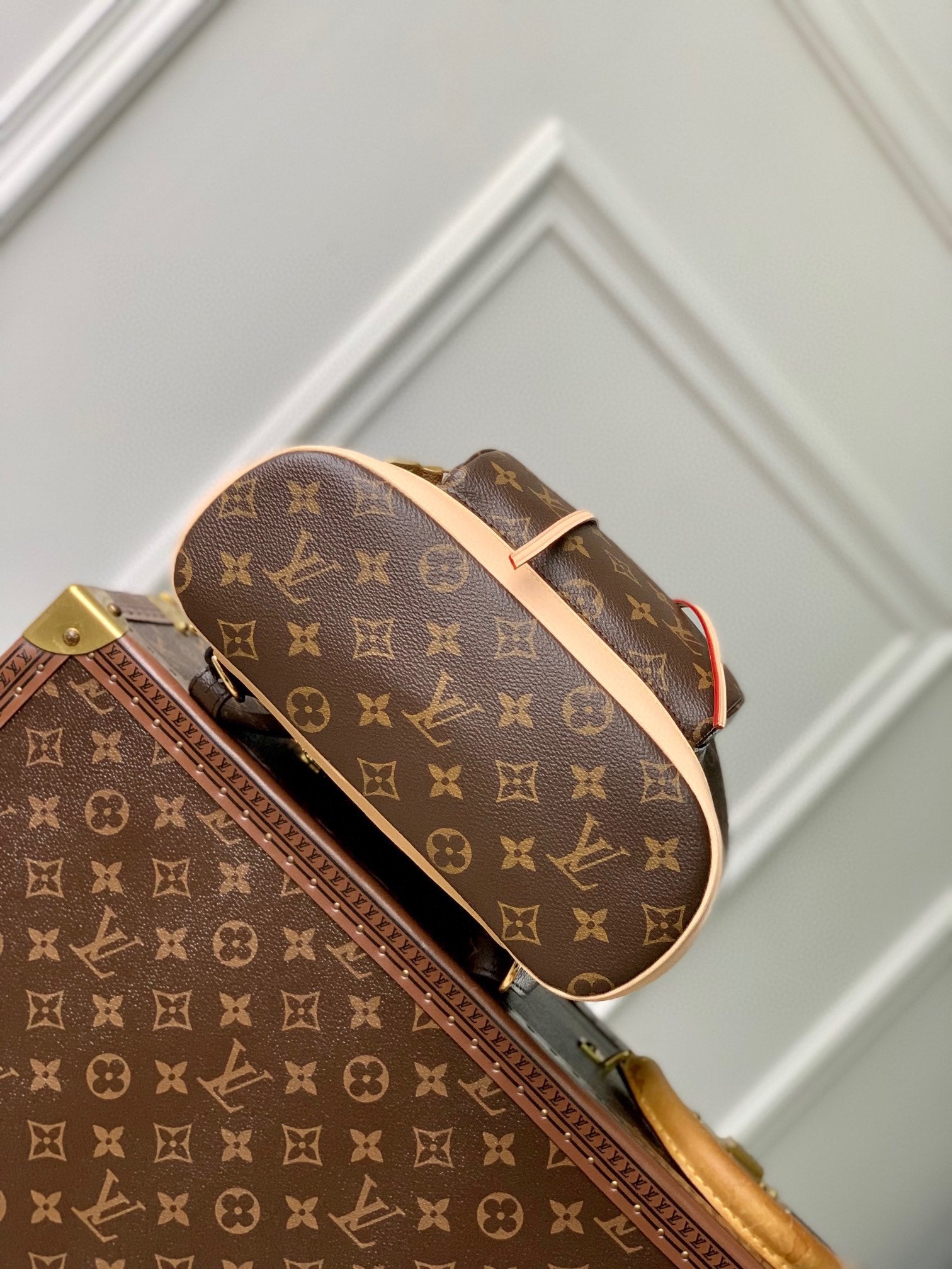 Louis Vuitton Classic Brown Monogram Print Backpack with Tan Leather Trim and Drawstring