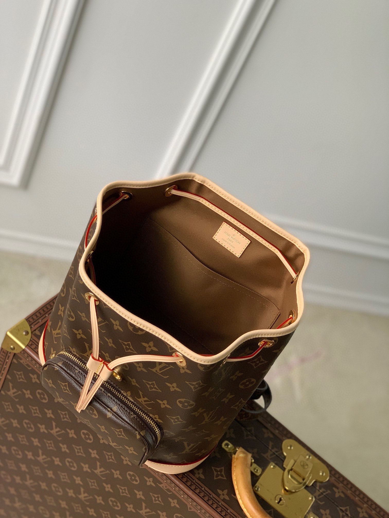 Louis Vuitton Classic Brown Monogram Print Backpack with Tan Leather Trim and Drawstring