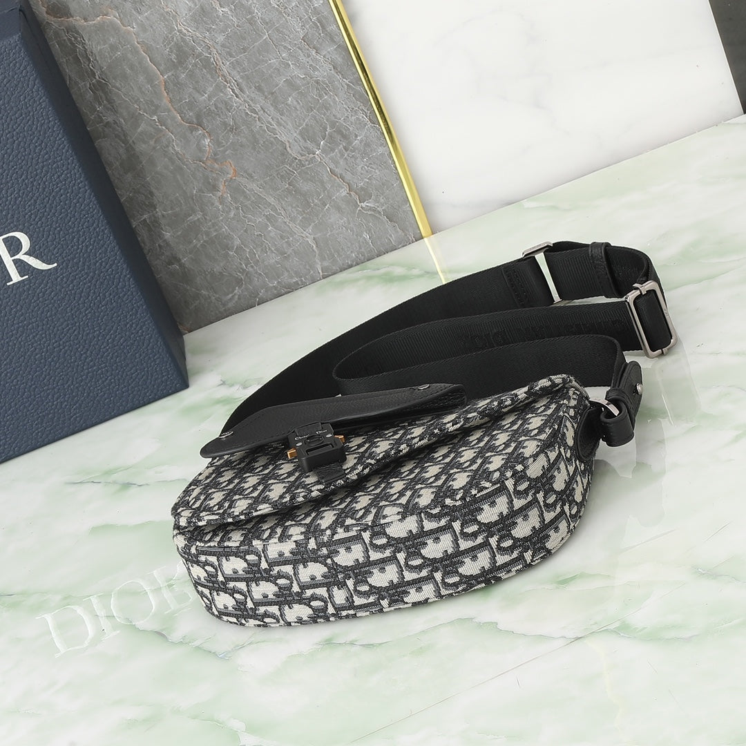 Dior Vintage Monogram Canvas Saddle Shoulder Bag with Black Leather Flap