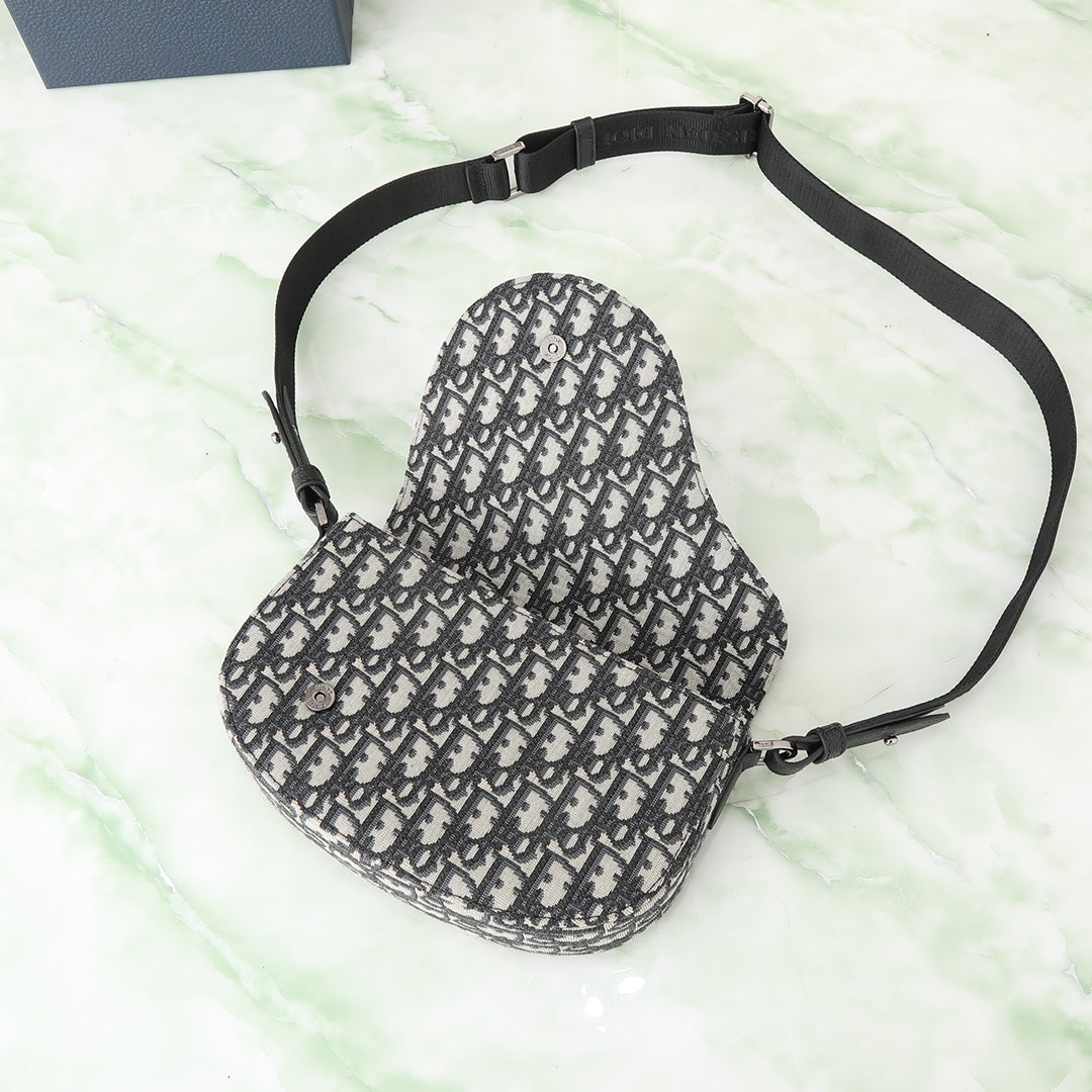 Dior Vintage Monogram Canvas Saddle Shoulder Bag with Black Leather Flap