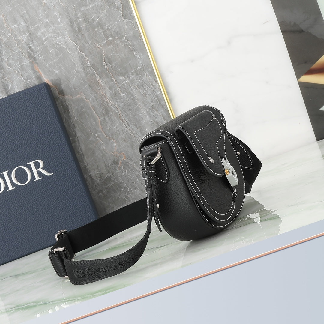 Dior Modern Black Leather Saddle Crossbody Bag with Contrast Stitching