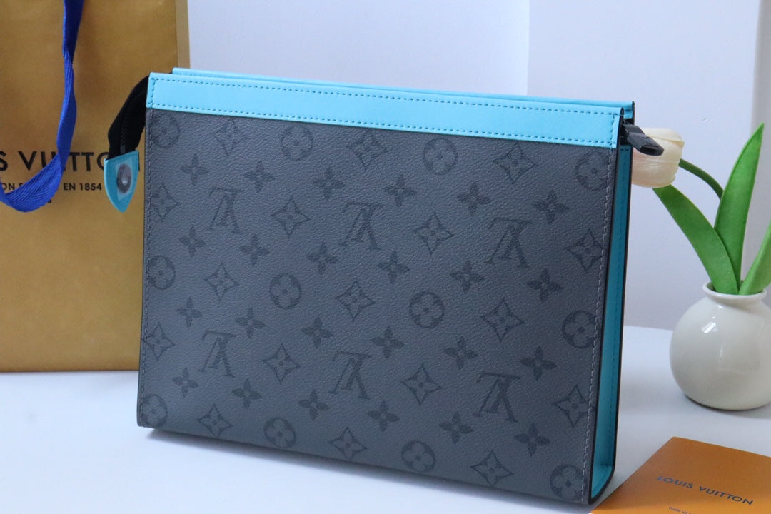 Louis Vuitton Luxury Monogram Pattern Unisex Clutch Bag with Blue Zipper Trim