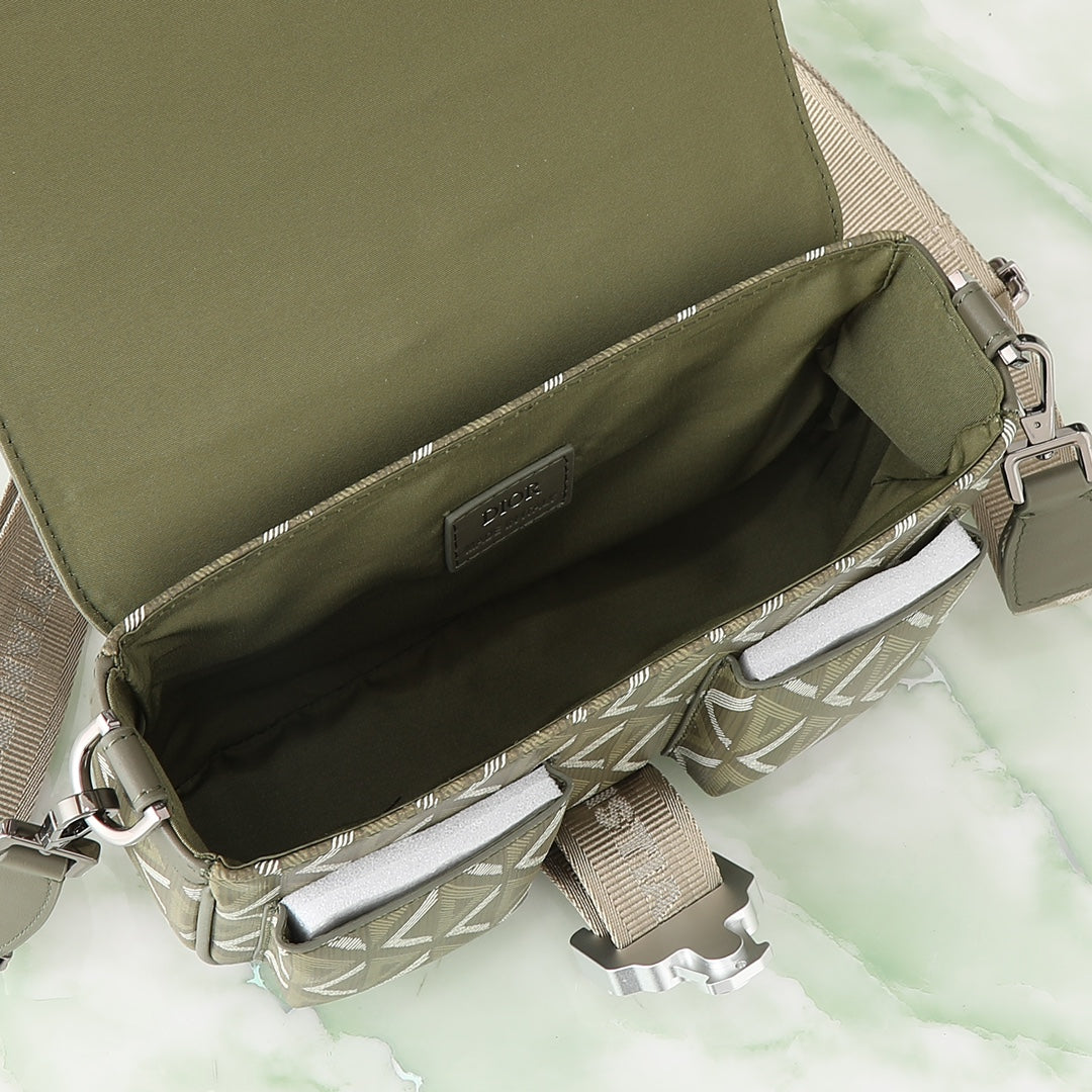 Dior Olive Green Geometric Pattern Crossbody Bag with Utility Buckle