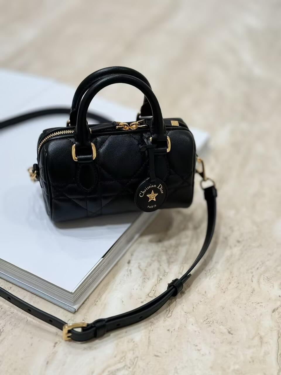 Dior Mini Black Quilted Leather Top Handle Bag with Gold Star Charm