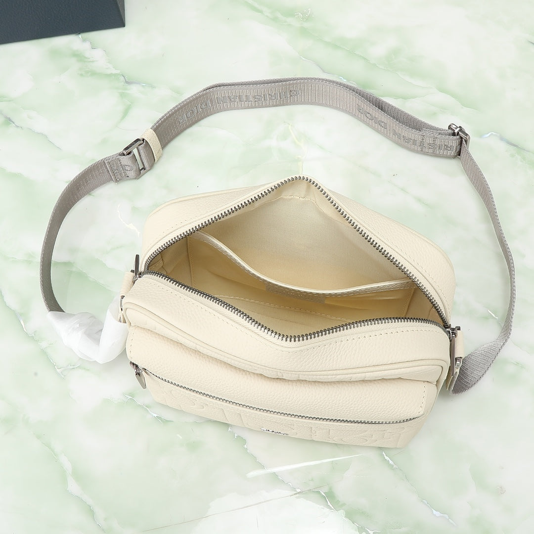 Dior Cream White Embossed Crossbody Camera Bag with Wide Strap