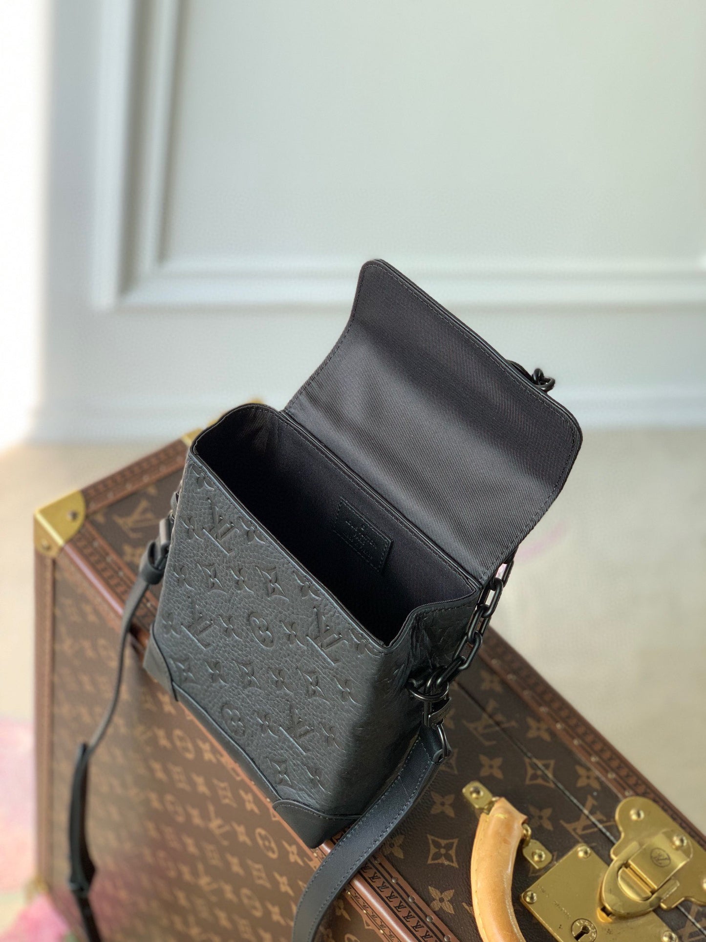 Louis Vuitton Matte Black Embossed Leather Mini Backpack Crossbody Bag with Chain Detail