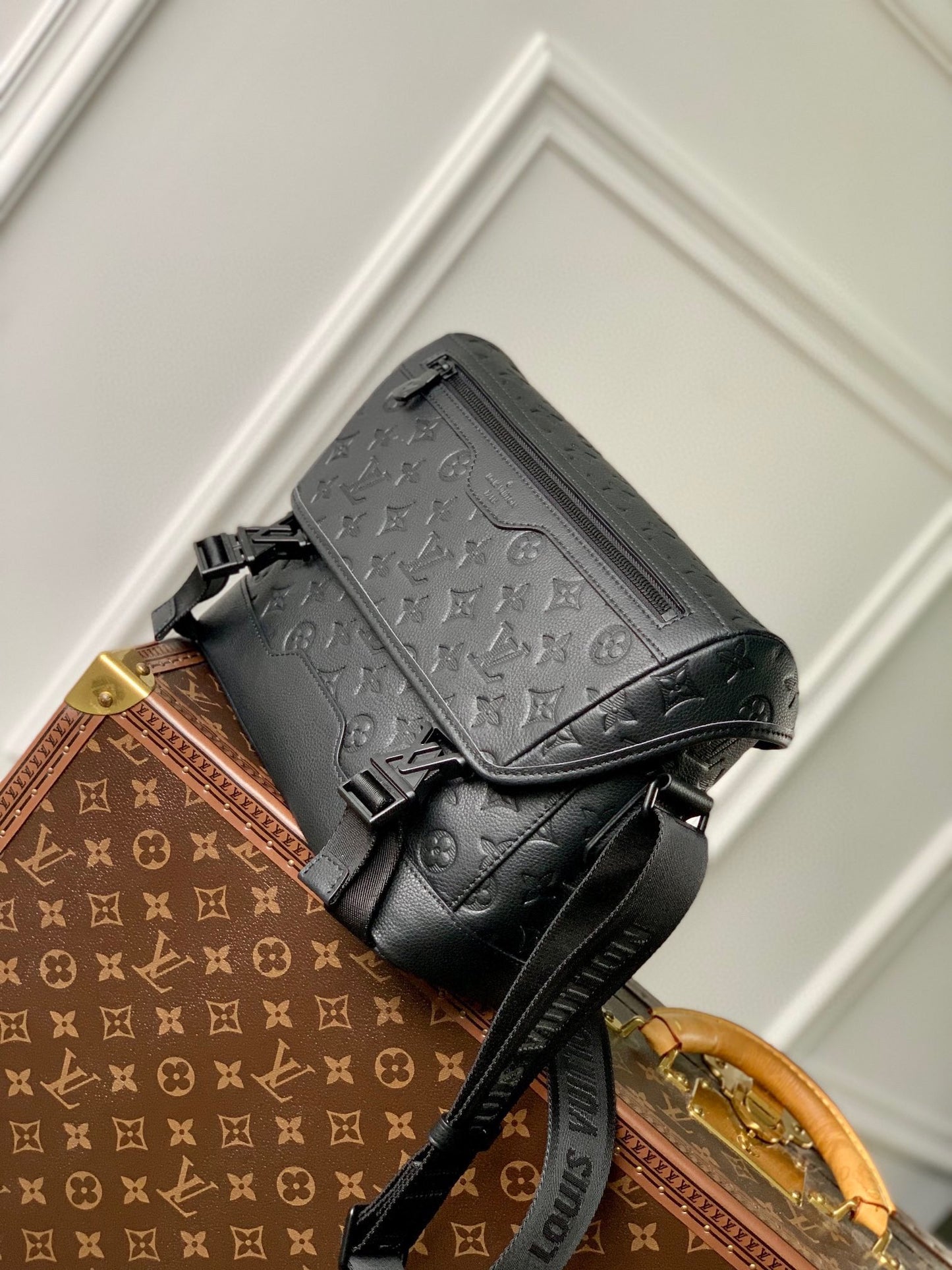 Louis Vuitton Black Embossed Monogram Leather Crossbody Messenger Bag