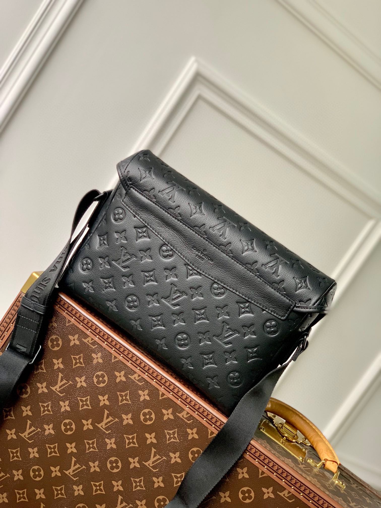 Louis Vuitton Black Embossed Monogram Leather Crossbody Messenger Bag