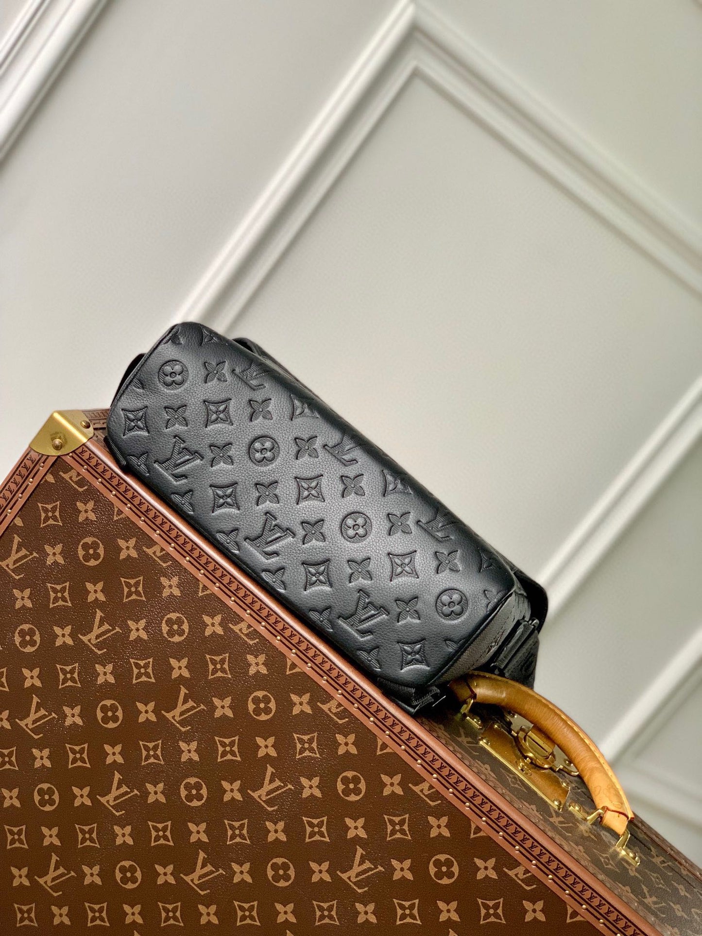 Louis Vuitton Black Embossed Monogram Leather Crossbody Messenger Bag