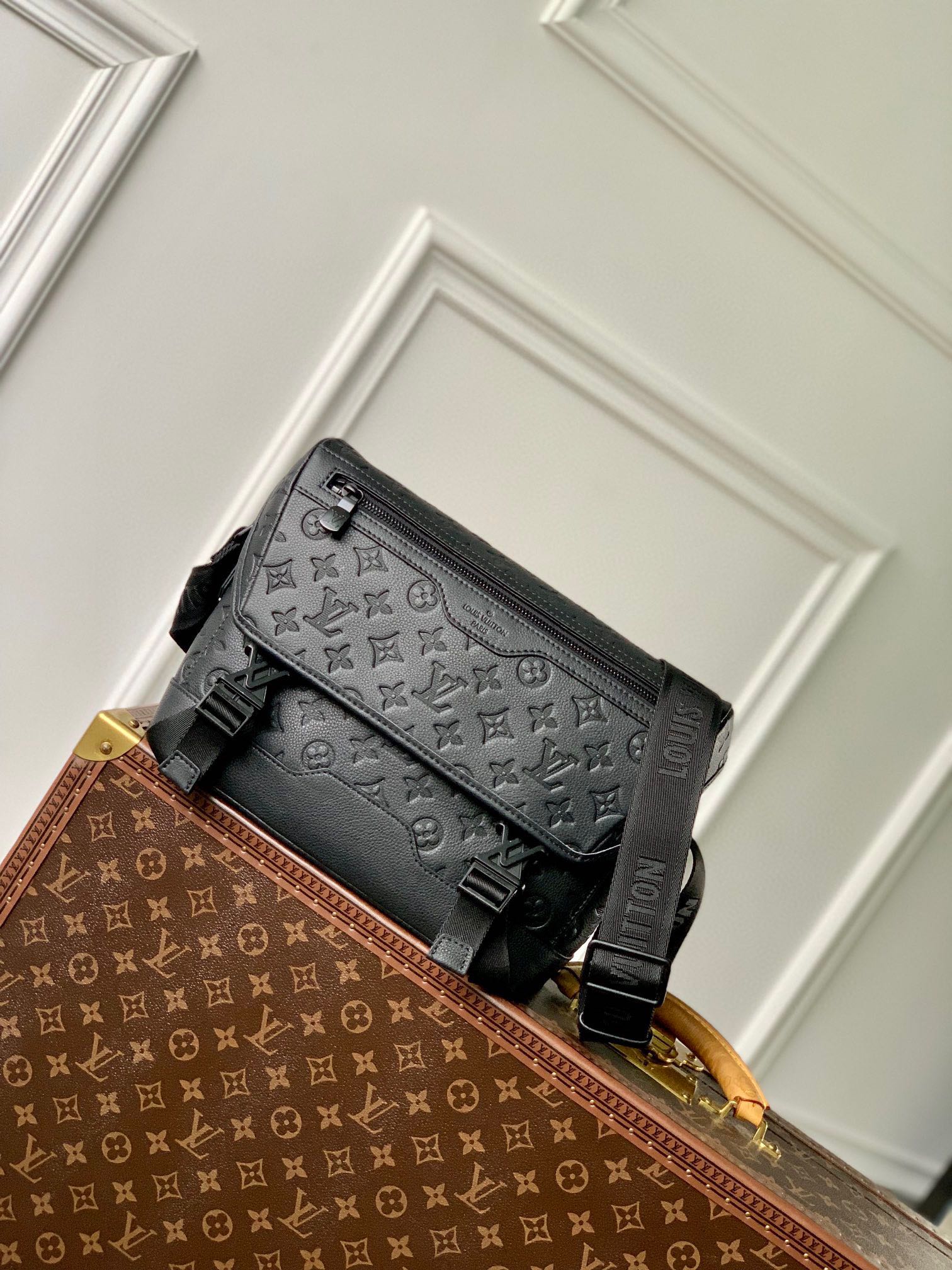 Louis Vuitton Black Embossed Monogram Leather Crossbody Messenger Bag