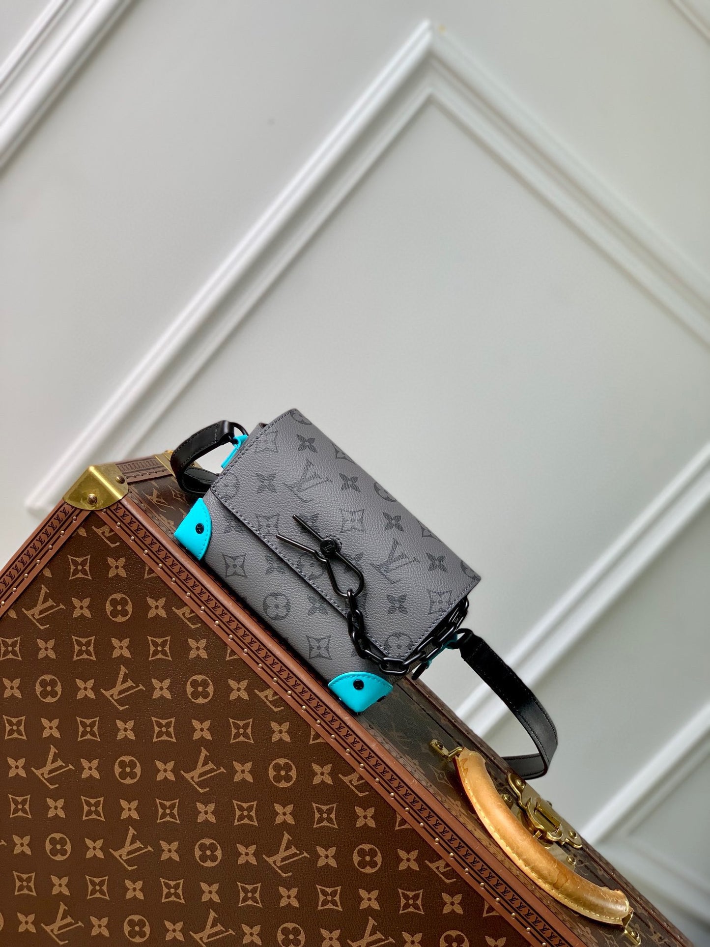 Louis Vuitton Grey Monogram Mini Trunk Crossbody Bag with Blue Accents