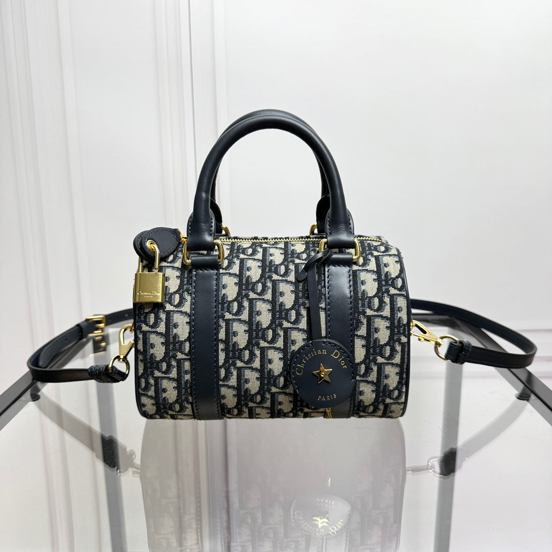 Dior Blue Monogram Canvas Mini Boston Bag with Leather Shoulder Strap