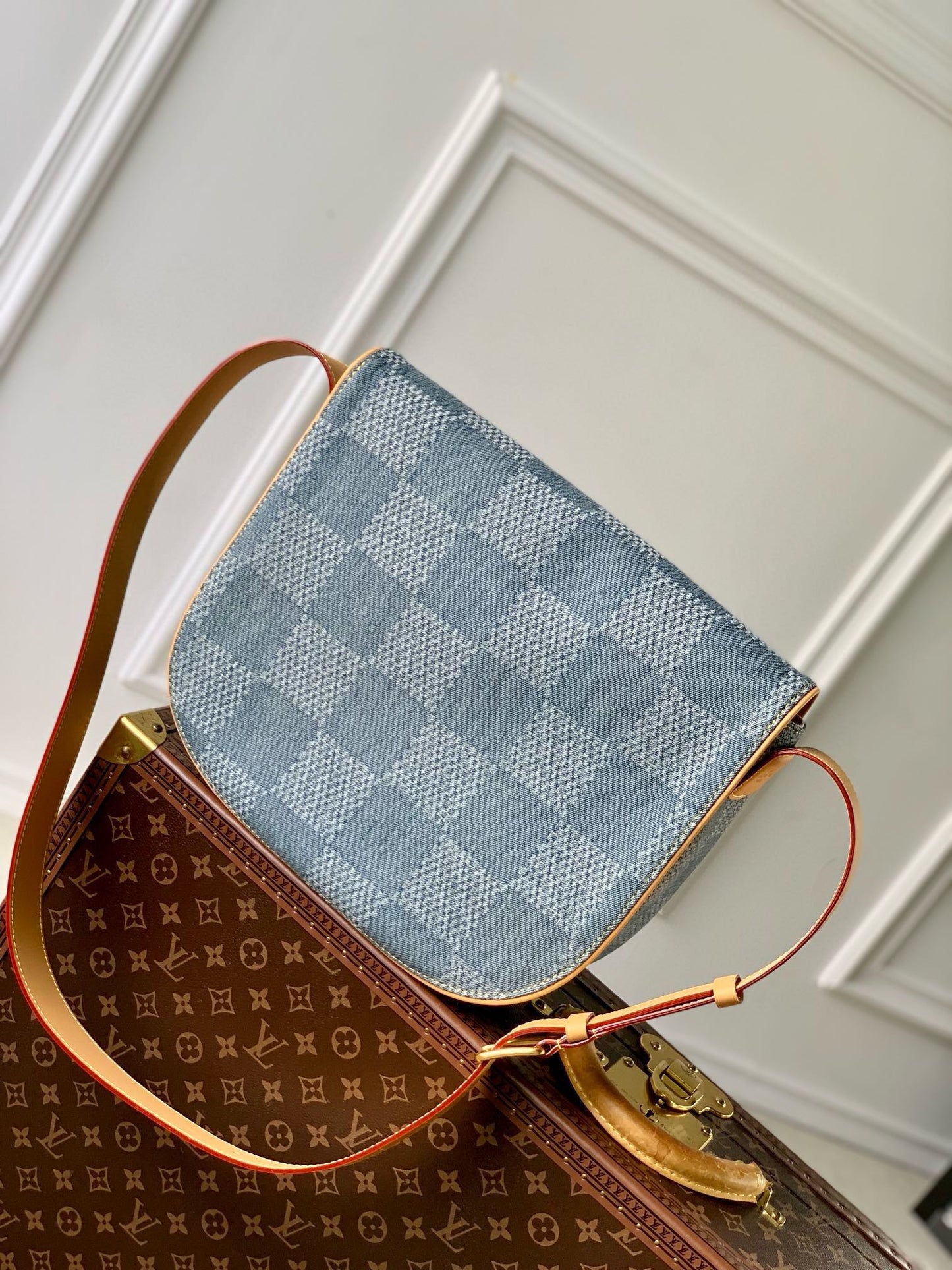 Louis Vuitton Blue Denim Checkerboard Crossbody Saddle Bag with Leather Strap