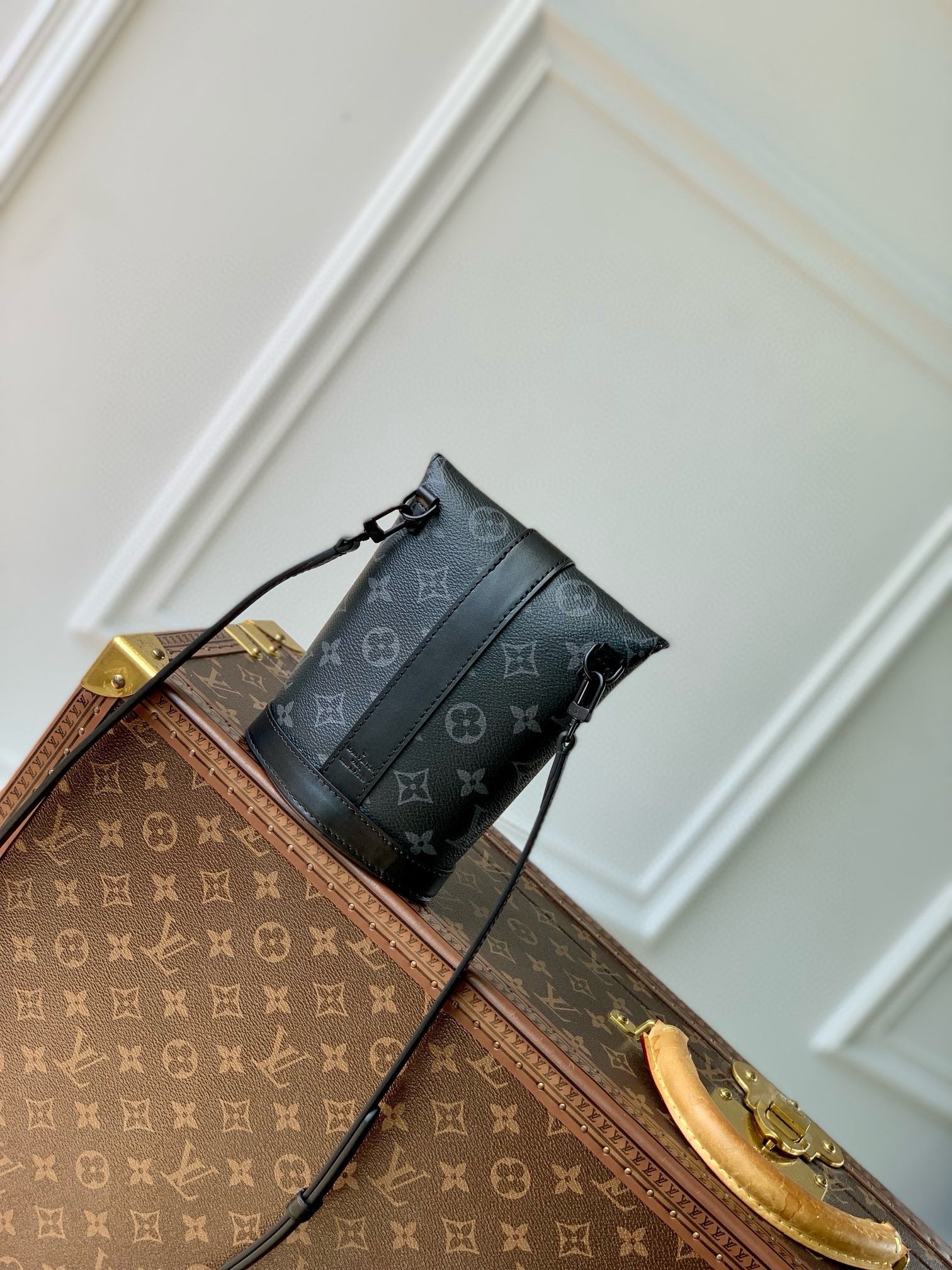 Louis Vuitton Black and Gray Monogram Pattern Mini Crossbody Bag with Flap