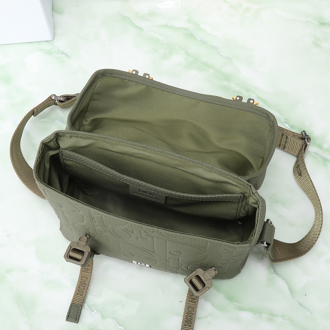 Dior Olive Green Embossed Leather Crossbody Messenger Bag with Buckles