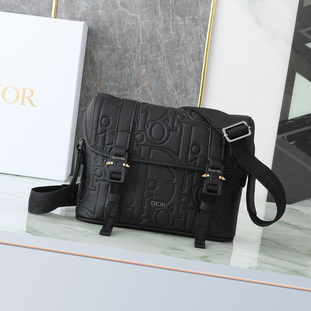 Dior Modern Black Embossed Crossbody Messenger Bag with Tactical Buckles