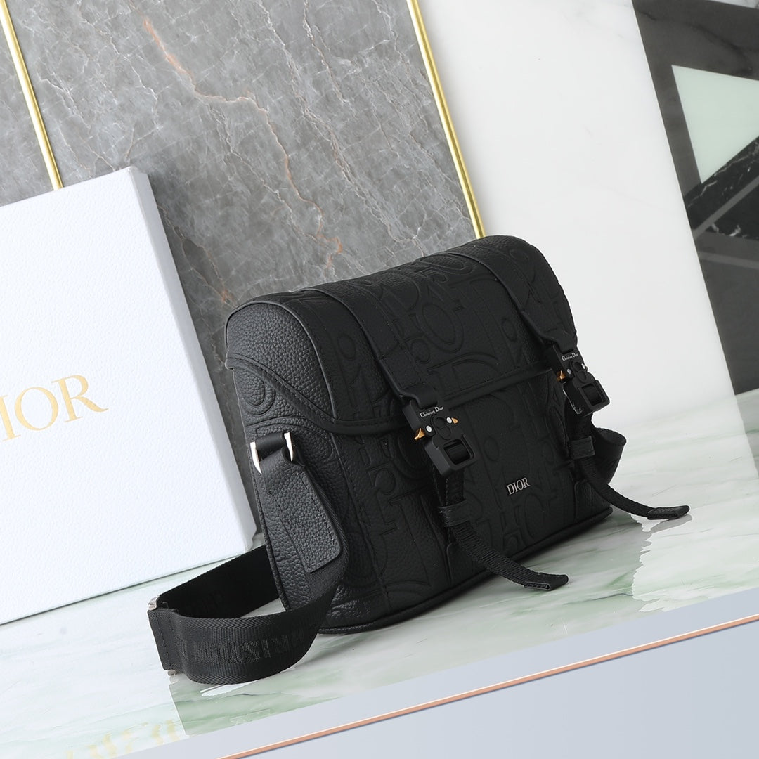 Dior Modern Black Embossed Crossbody Messenger Bag with Tactical Buckles