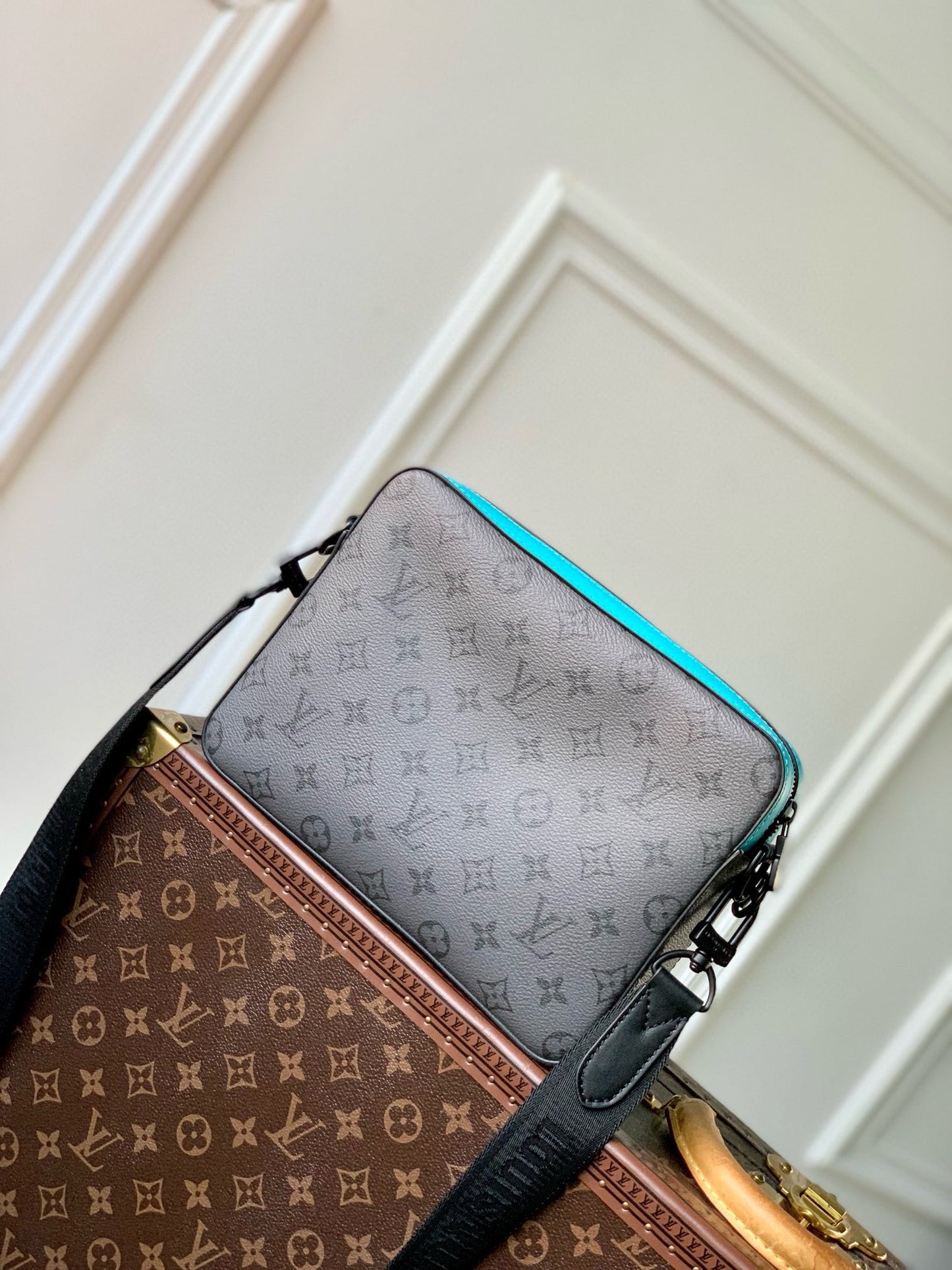 Louis Vuitton Grey Monogram Messenger Bag with Turquoise Trim and Mini Pouch