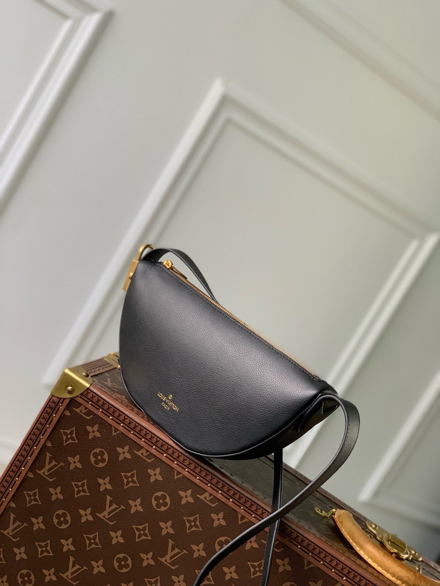 Louis Vuitton Black Leather Crescent Crossbody Belt Bag with Gold Zipper